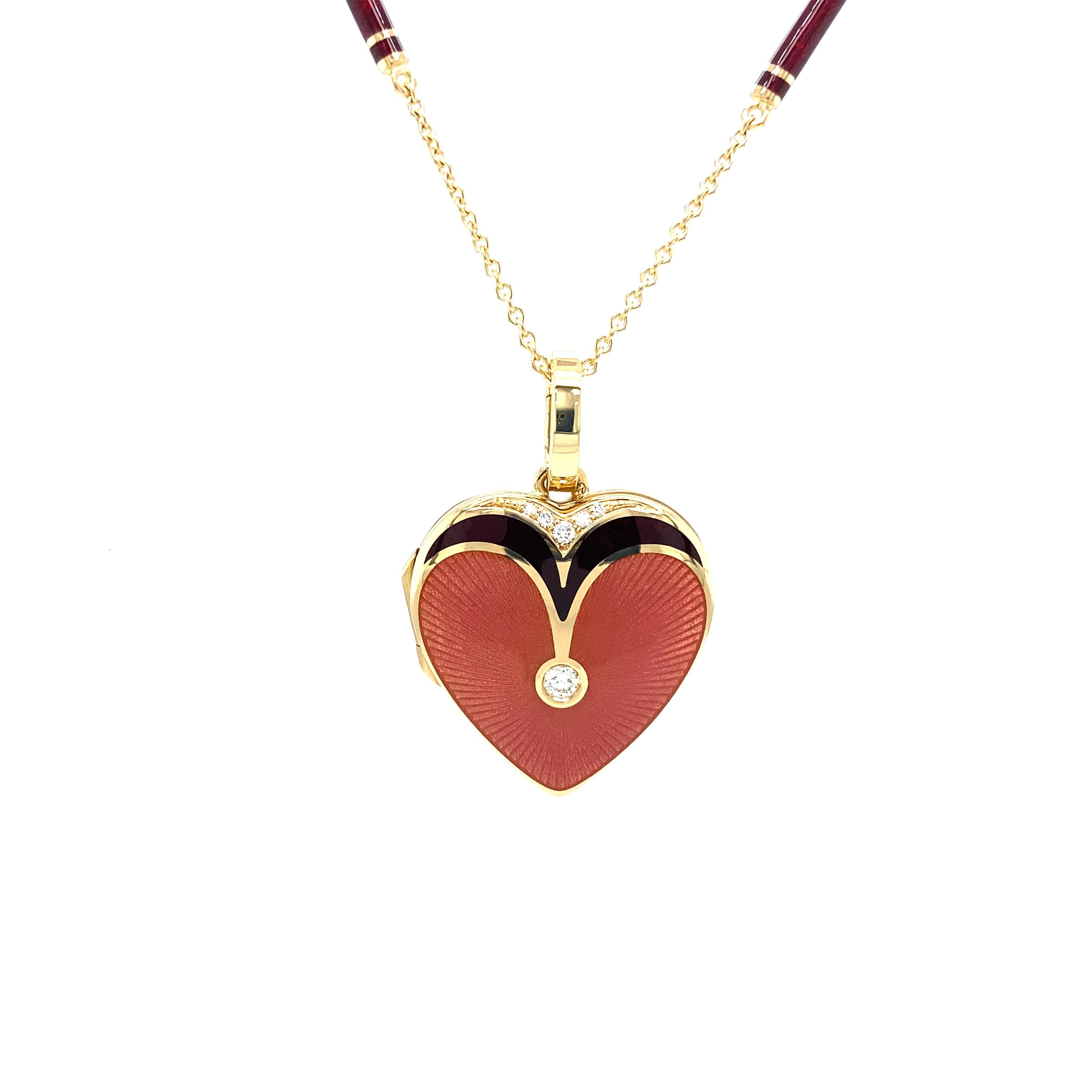 Art Deco Heart-Shape Locket Pendant 18k Yellow Gold Pink & Red Enamel 6 Diamonds For Sale