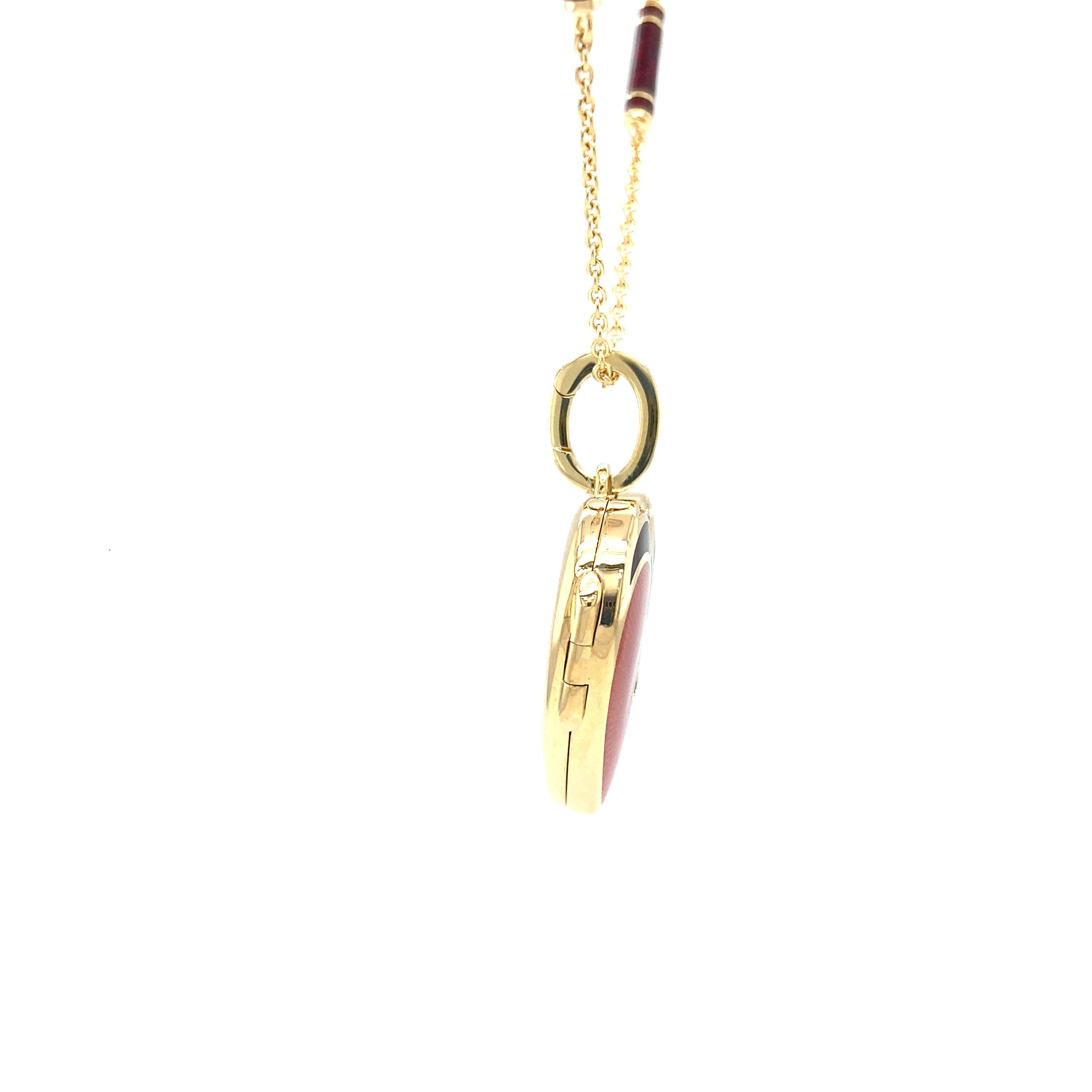 Women's Heart-Shape Locket Pendant 18k Yellow Gold Pink & Red Enamel 6 Diamonds For Sale