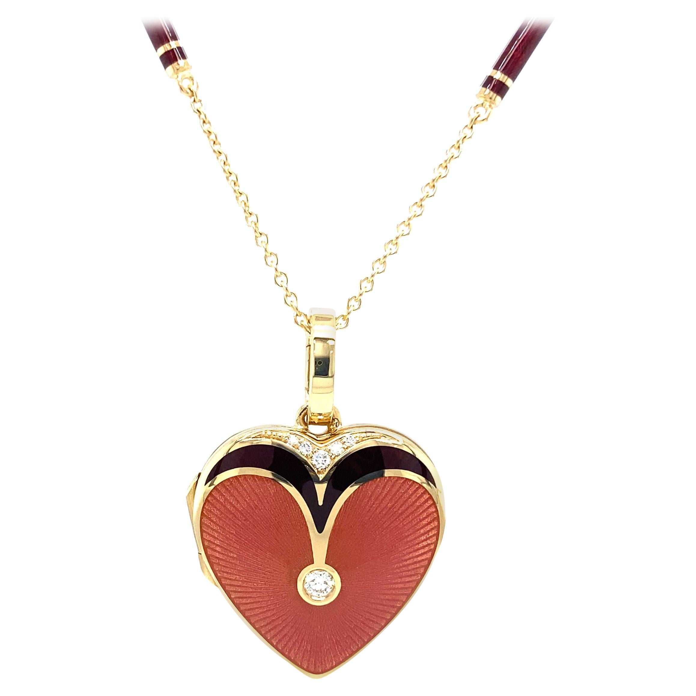 Heart-Shape Locket Pendant 18k Yellow Gold Pink & Red Enamel 6 Diamonds