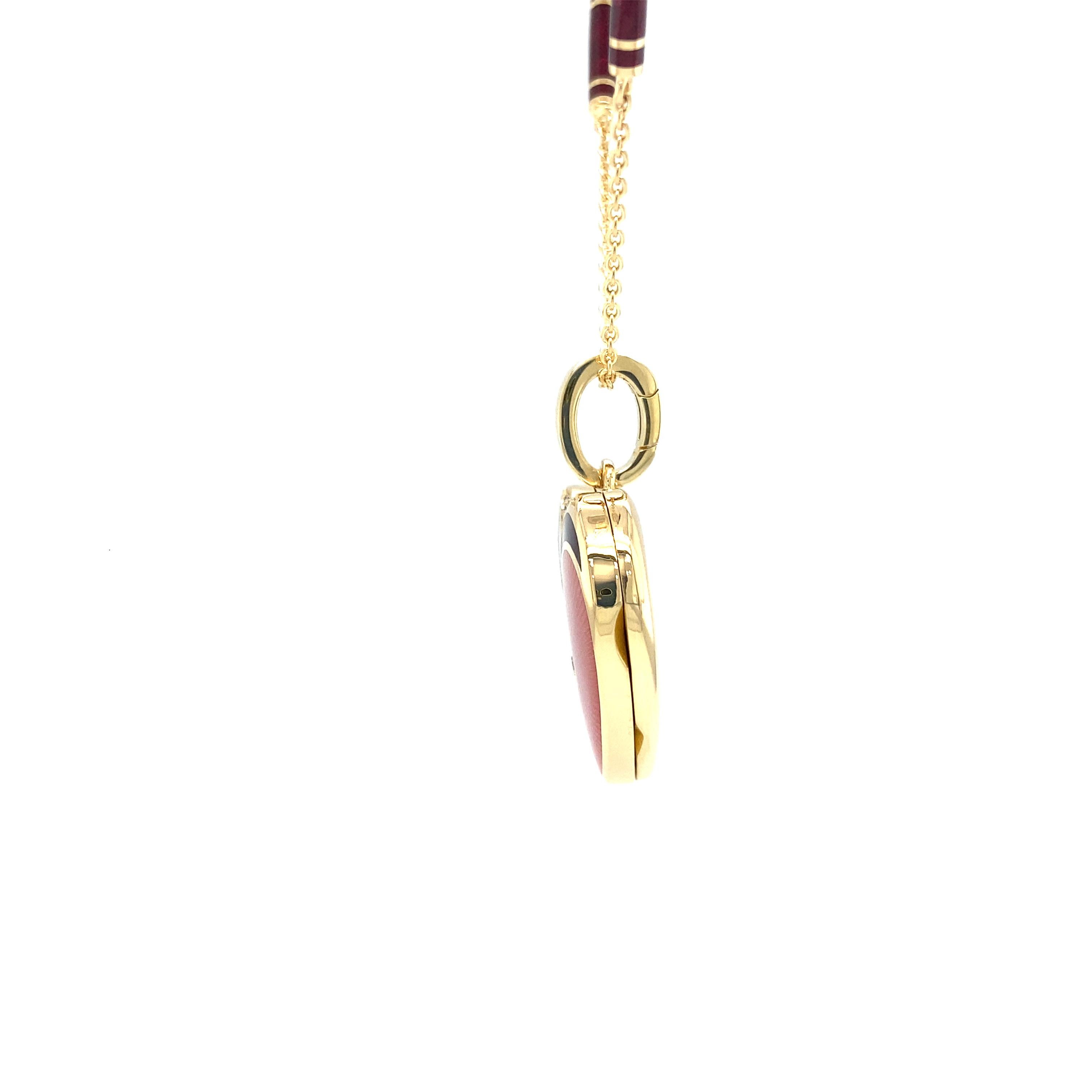 Art Deco Heart-Shape Locket Pendant Necklace 18k Yellow Gold Pink & Red Enamel 6 Diamonds For Sale