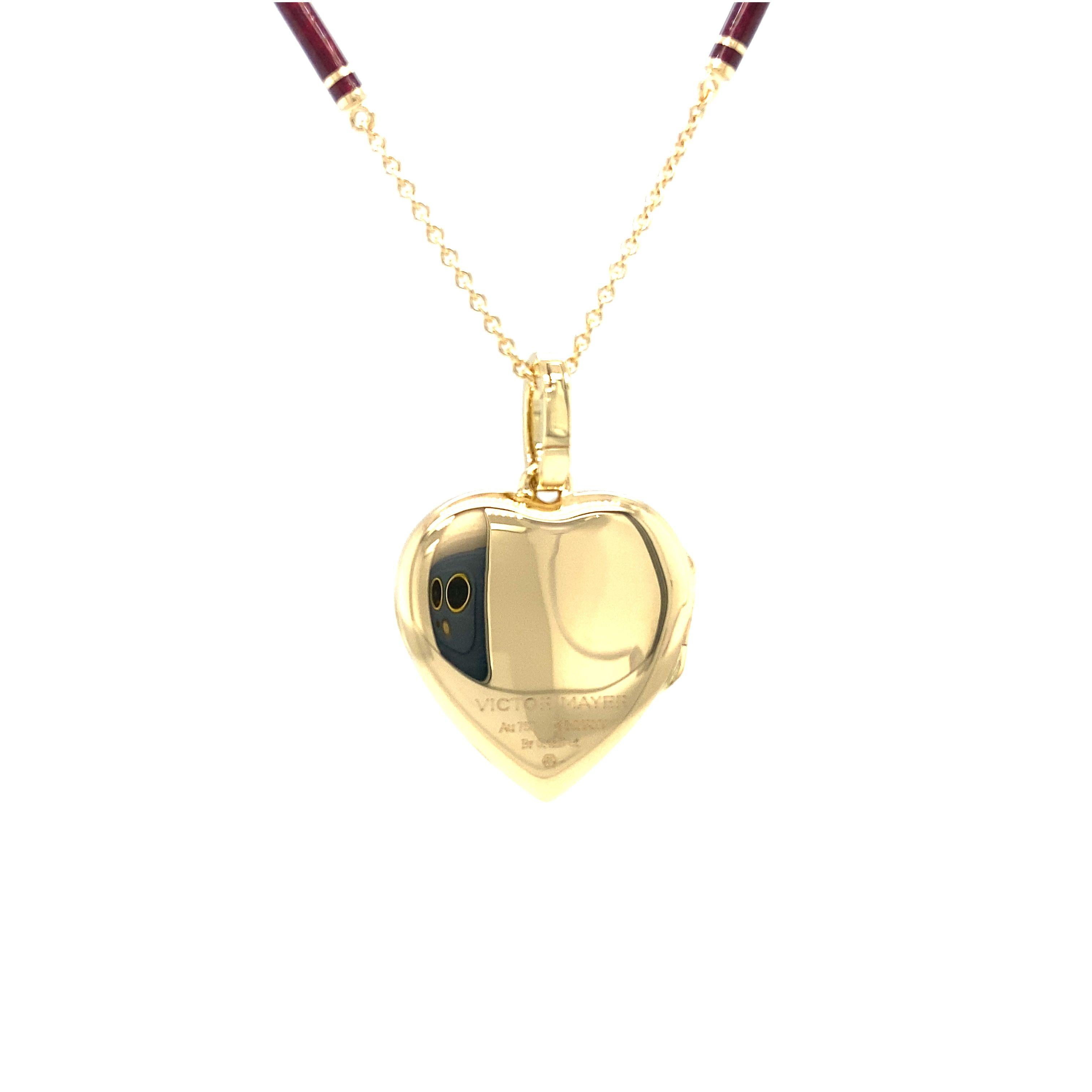 Brilliant Cut Heart-Shape Locket Pendant Necklace 18k Yellow Gold Pink & Red Enamel 6 Diamonds For Sale