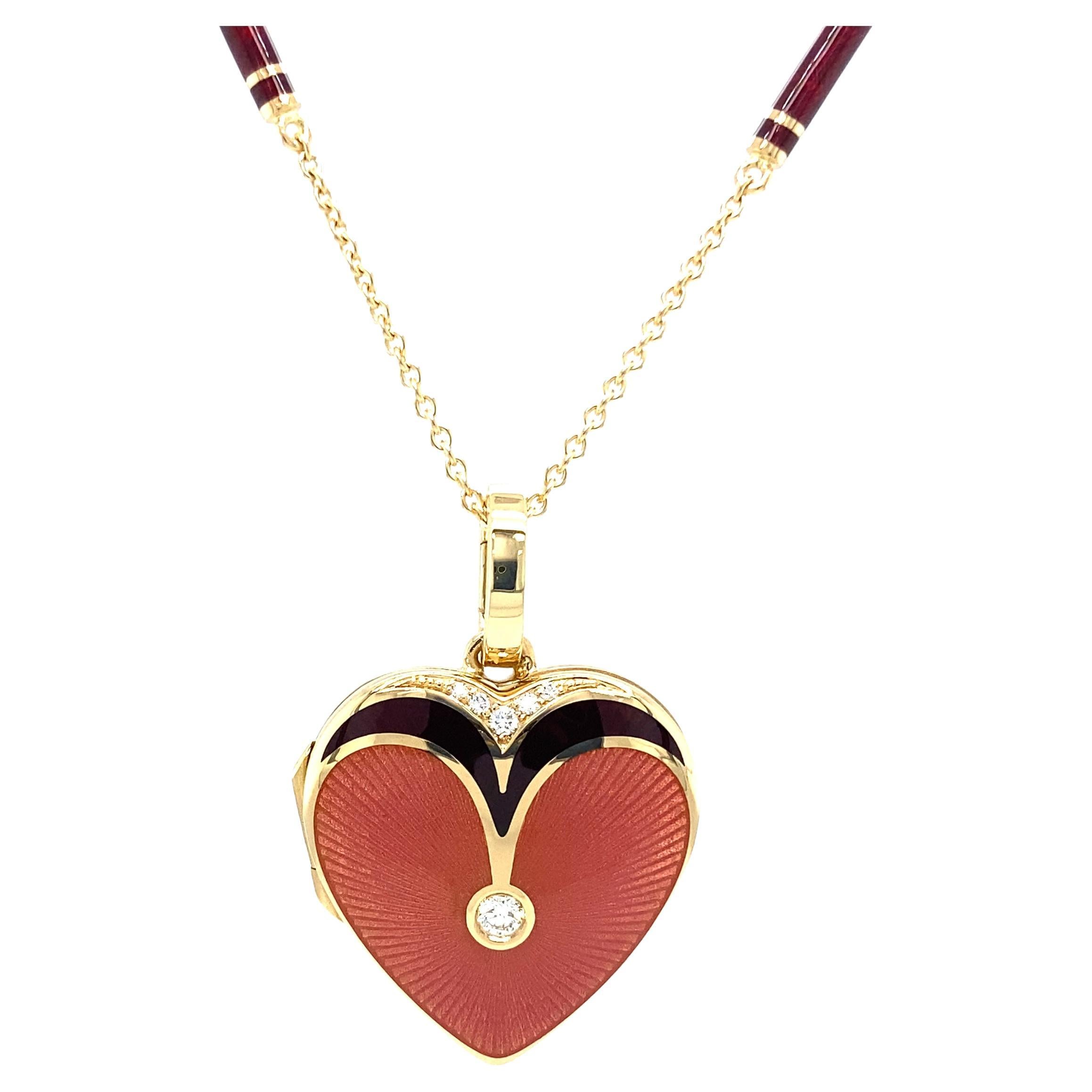 Heart-Shape Locket Pendant Necklace 18k Yellow Gold Pink & Red Enamel 6 Diamonds For Sale