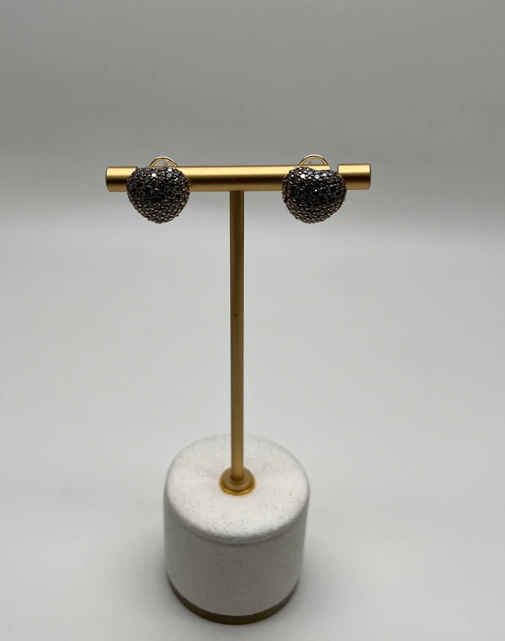 Heart Shape Love Champagne Brown Diamond Pave Set 14K Yellow Gold Stud Earrings In New Condition For Sale In Oakton, VA