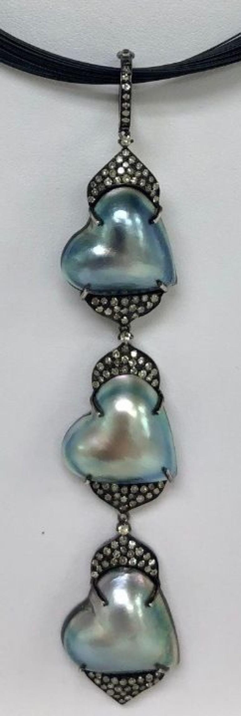 Contemporary Heart Shape Pearls with Pave Diamonds Necklace For Sale