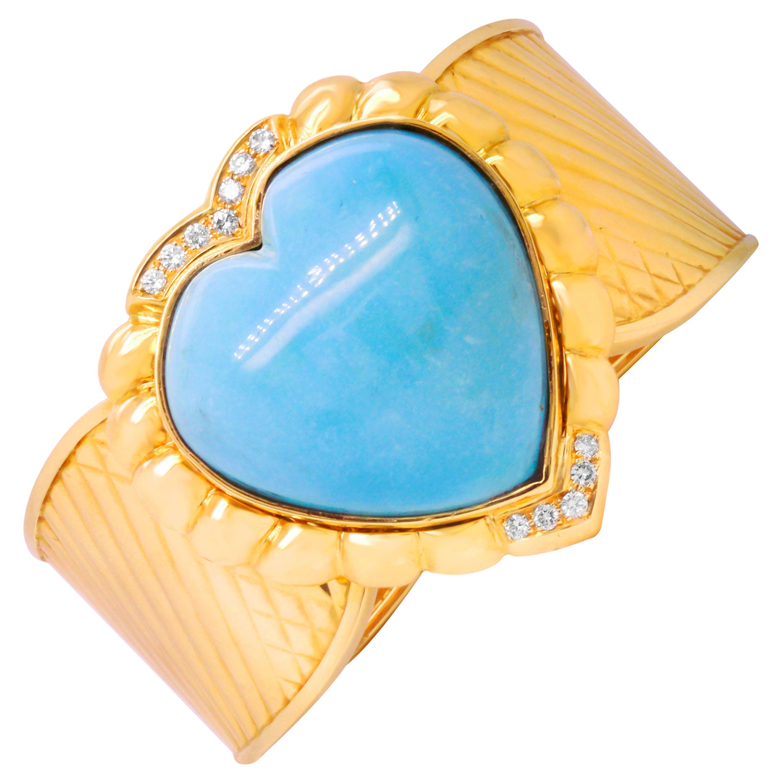 Heart Shape Persian Turquoise 18 Karat Gold and Diamond Large Cuff Bracelet