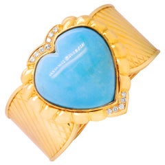 Heart Shape Persian Turquoise 18 Karat Gold and Diamond Large Cuff Bracelet