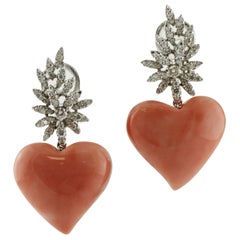 Heart Shape Pink Coral and White Diamonds Leaves, White Gold Clip-on Earrings