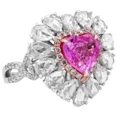 Heart Shape Pink Sapphire Gold and Pearshape Rose Cut Diamond Ring Charm Pendant