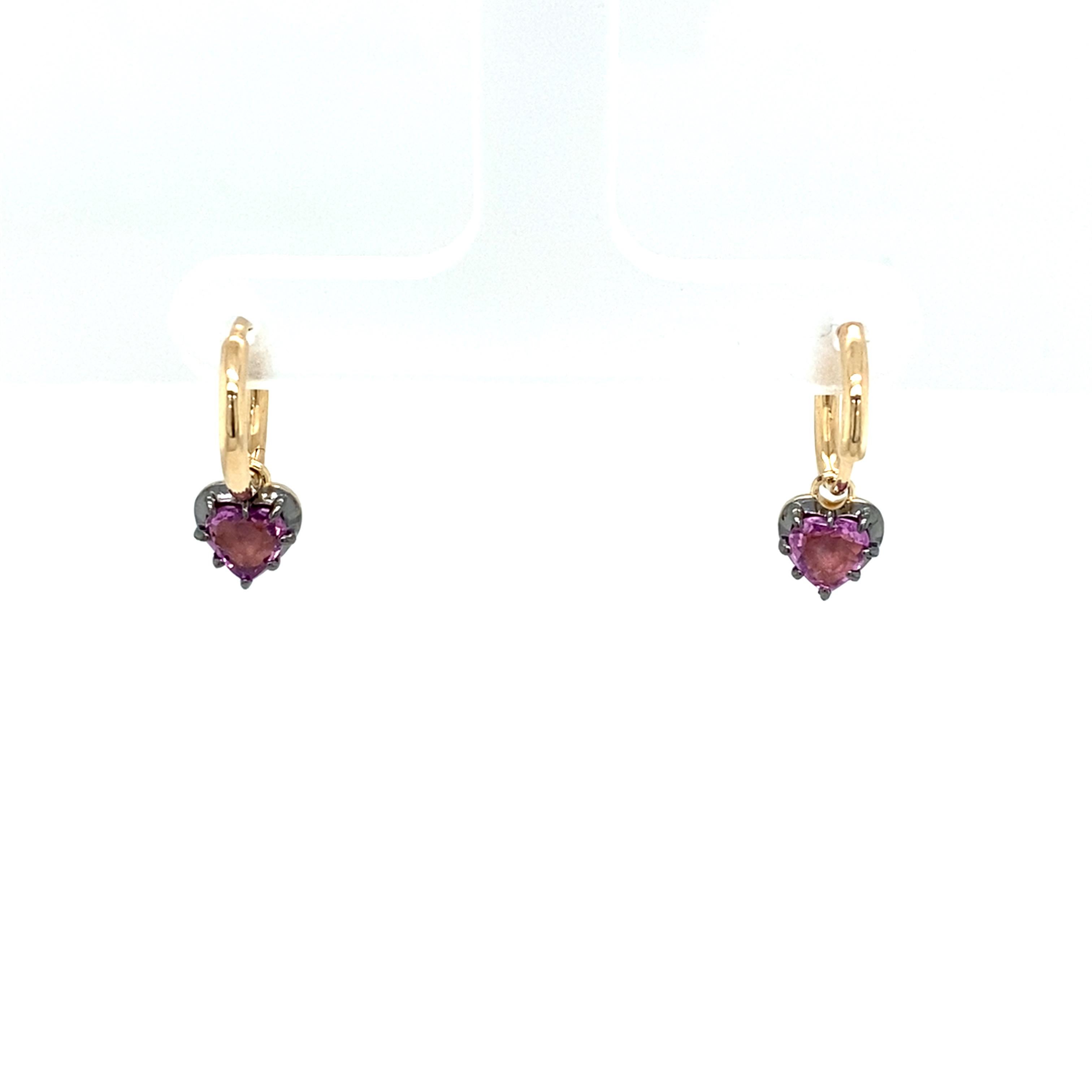 Heart Shape Pink Sapphire Setting Hoop Earrings Set in 14ct Yellow & Black Gold In New Condition For Sale In London, GB