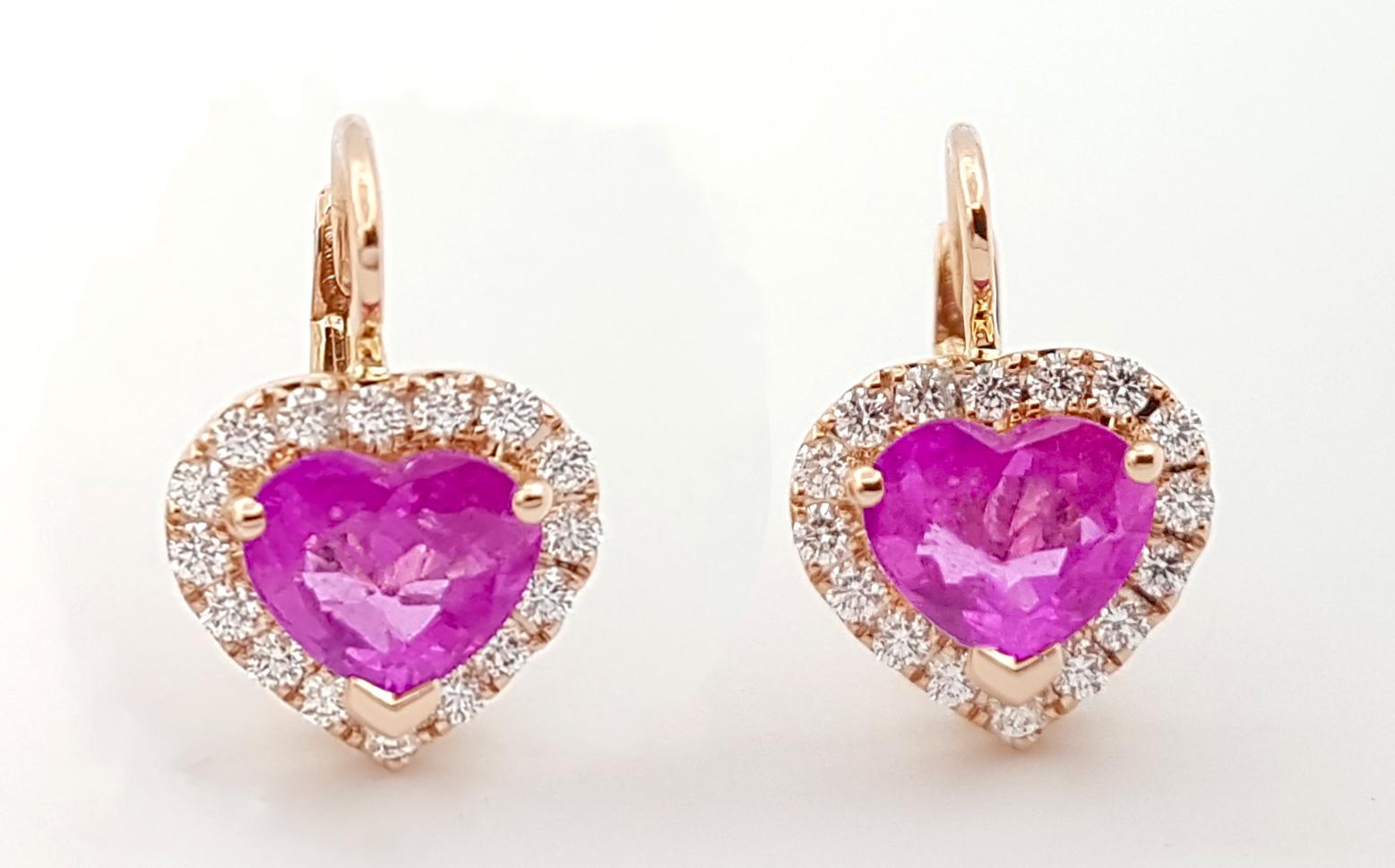 Contemporary Heart Shape Pink Sapphire with Diamond Earrings set in 18K Rose Gold Settings For Sale