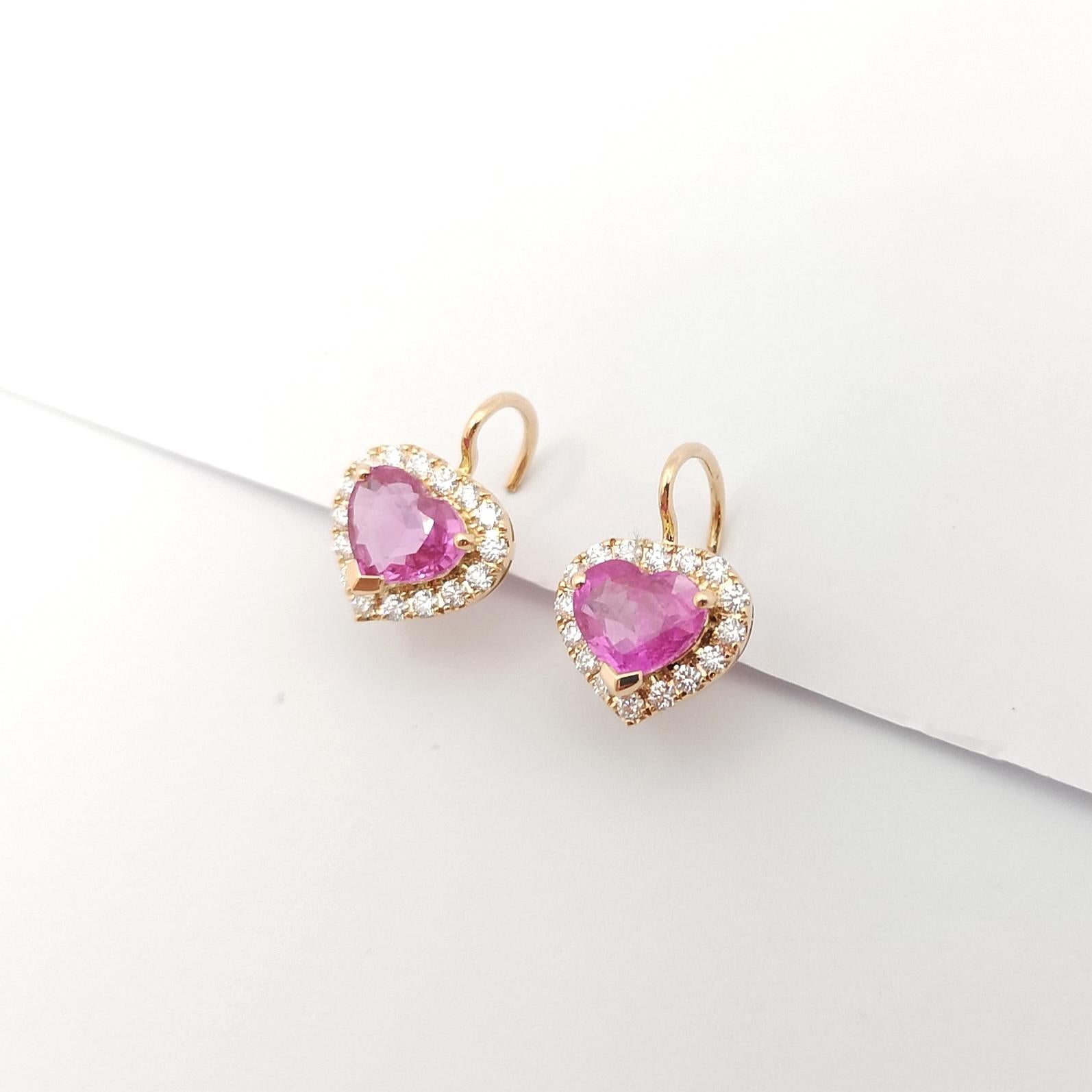 Women's Heart Shape Pink Sapphire with Diamond Earrings set in 18K Rose Gold Settings For Sale