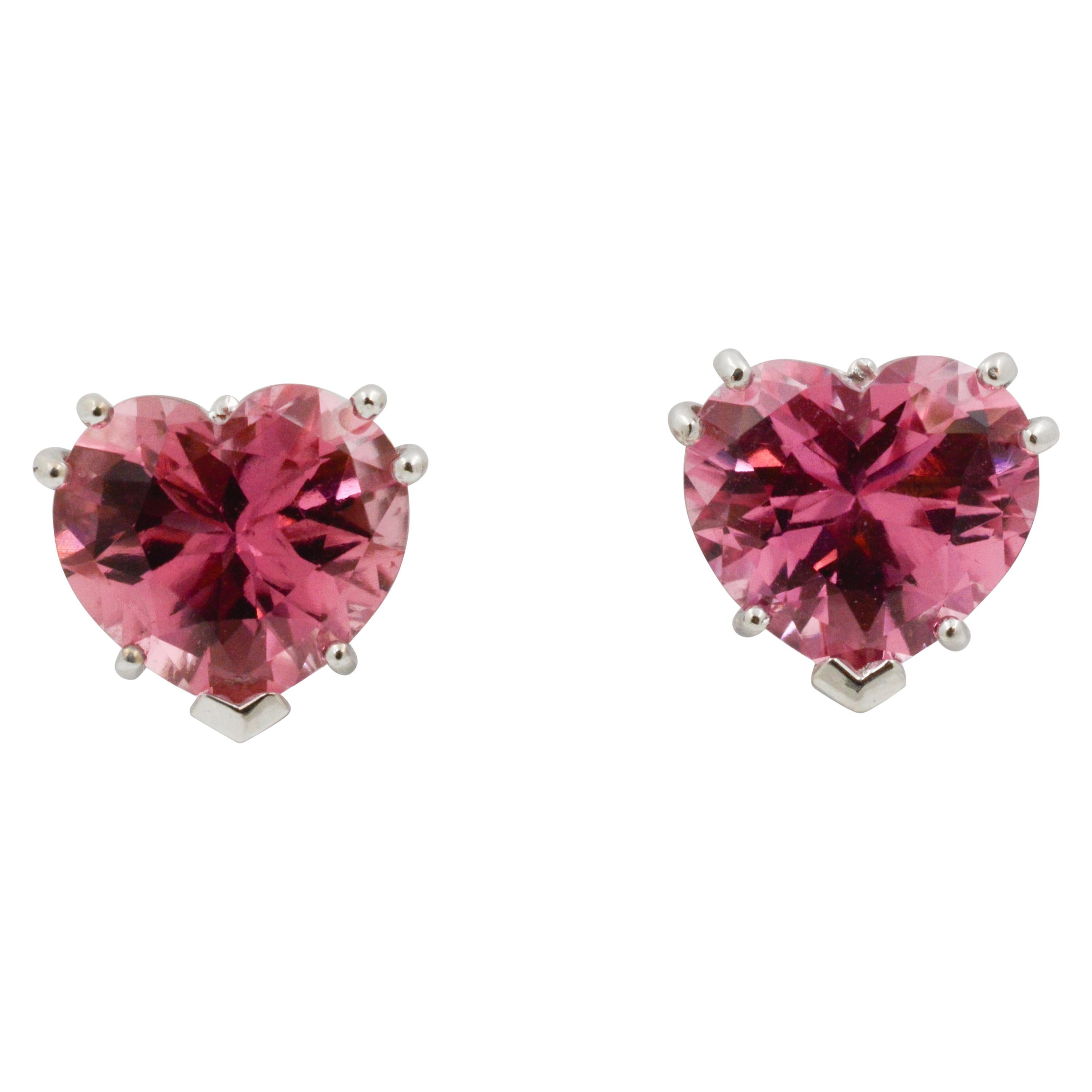 Heart Shape Pink Tourmaline 14 Karat White Gold Stud Earrings