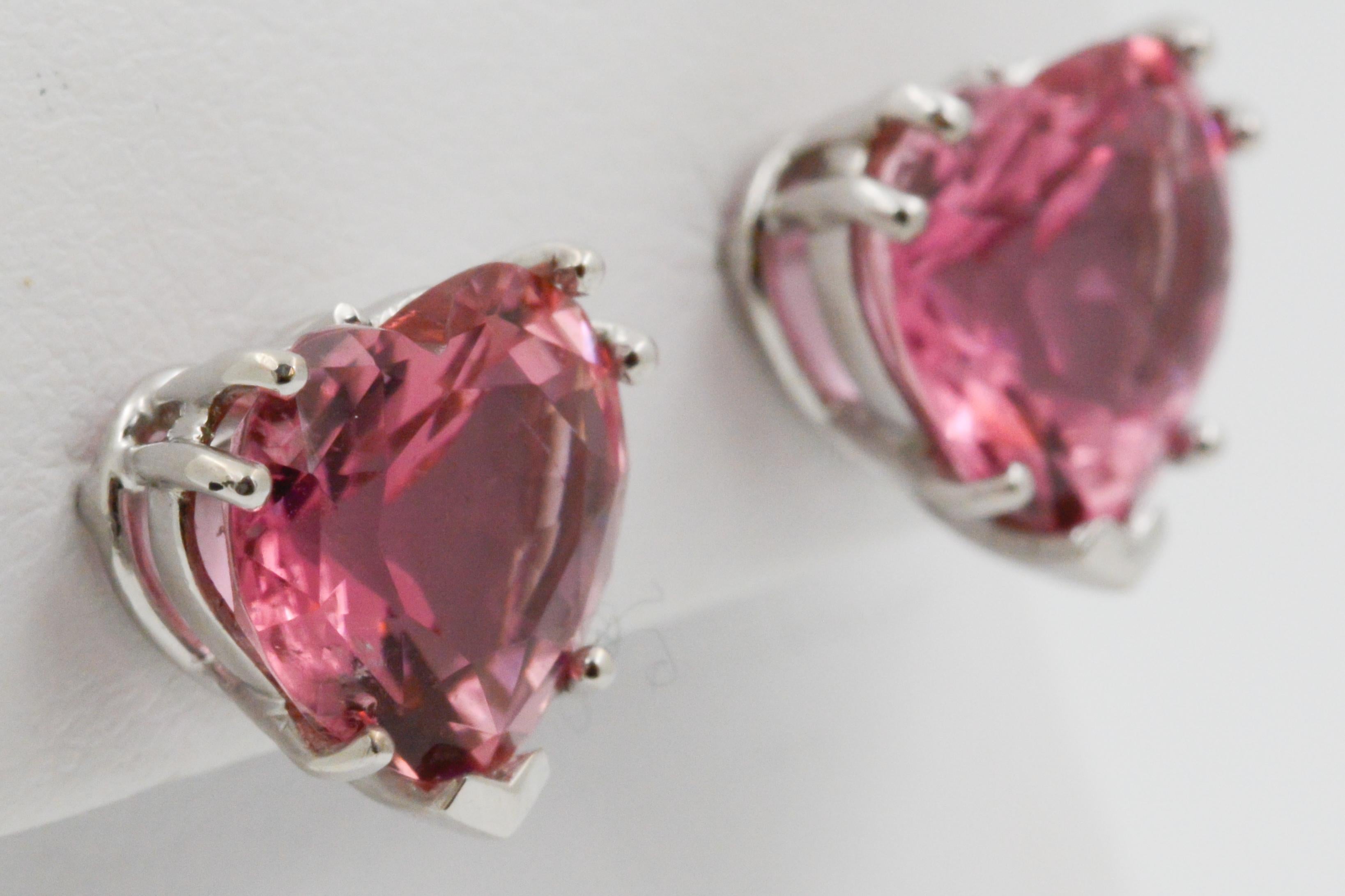 Perfect for Valentine’s Day, these heart shape pink tourmaline 14k white gold stud earrings, weigh a total of 7.50 carats. The earrings have prong at bacs with 14k white gold friction back.