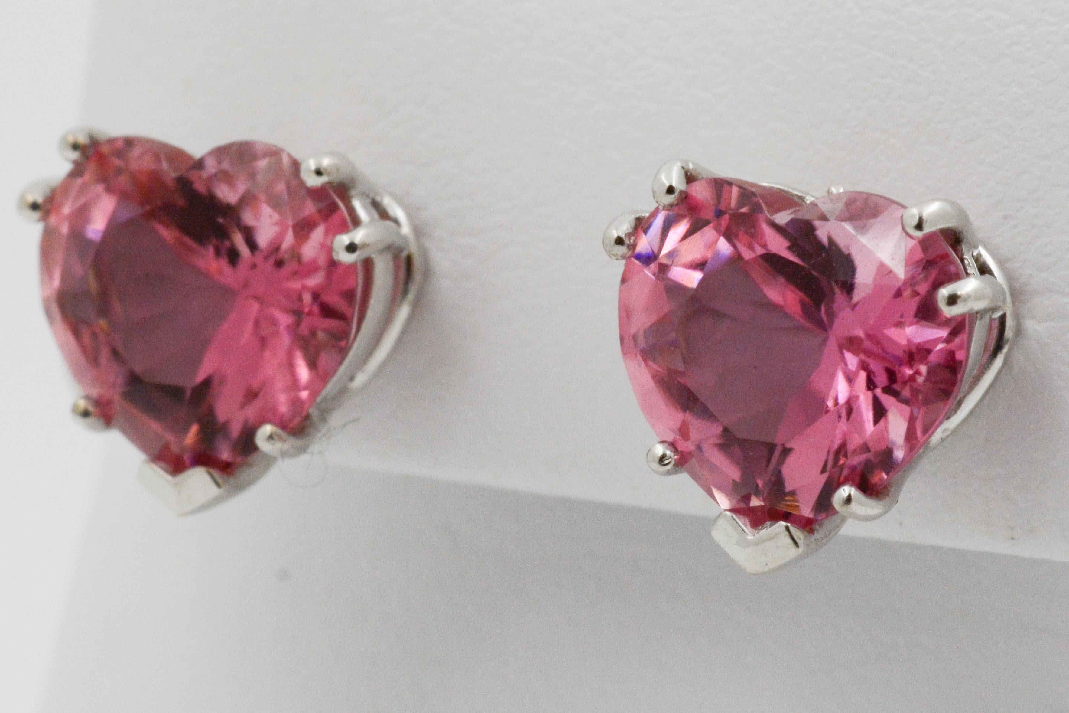Modern Heart Shape Pink Tourmaline 14 Karat White Gold Stud Earrings