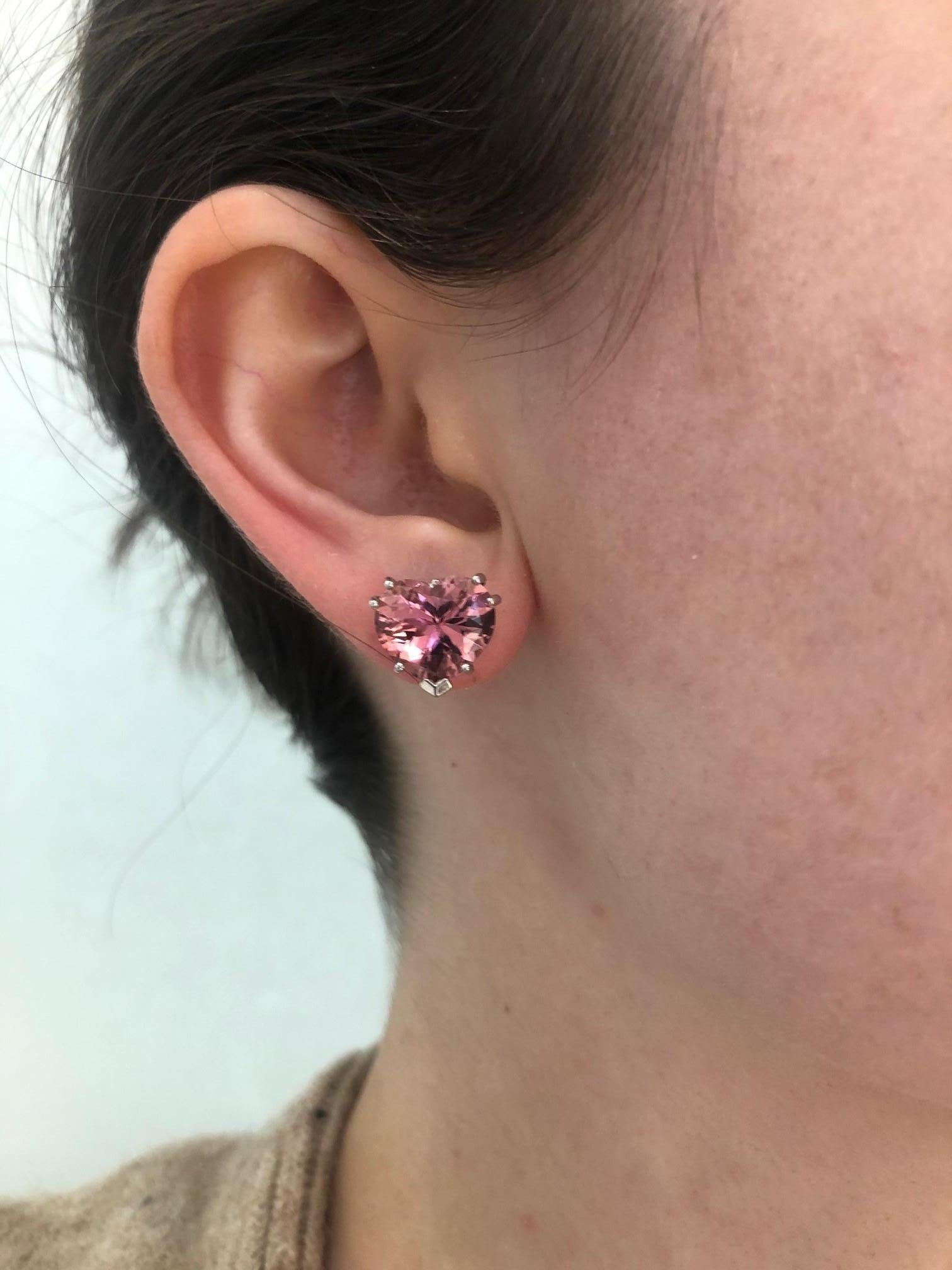 Heart Shape Pink Tourmaline 14 Karat White Gold Stud Earrings 2