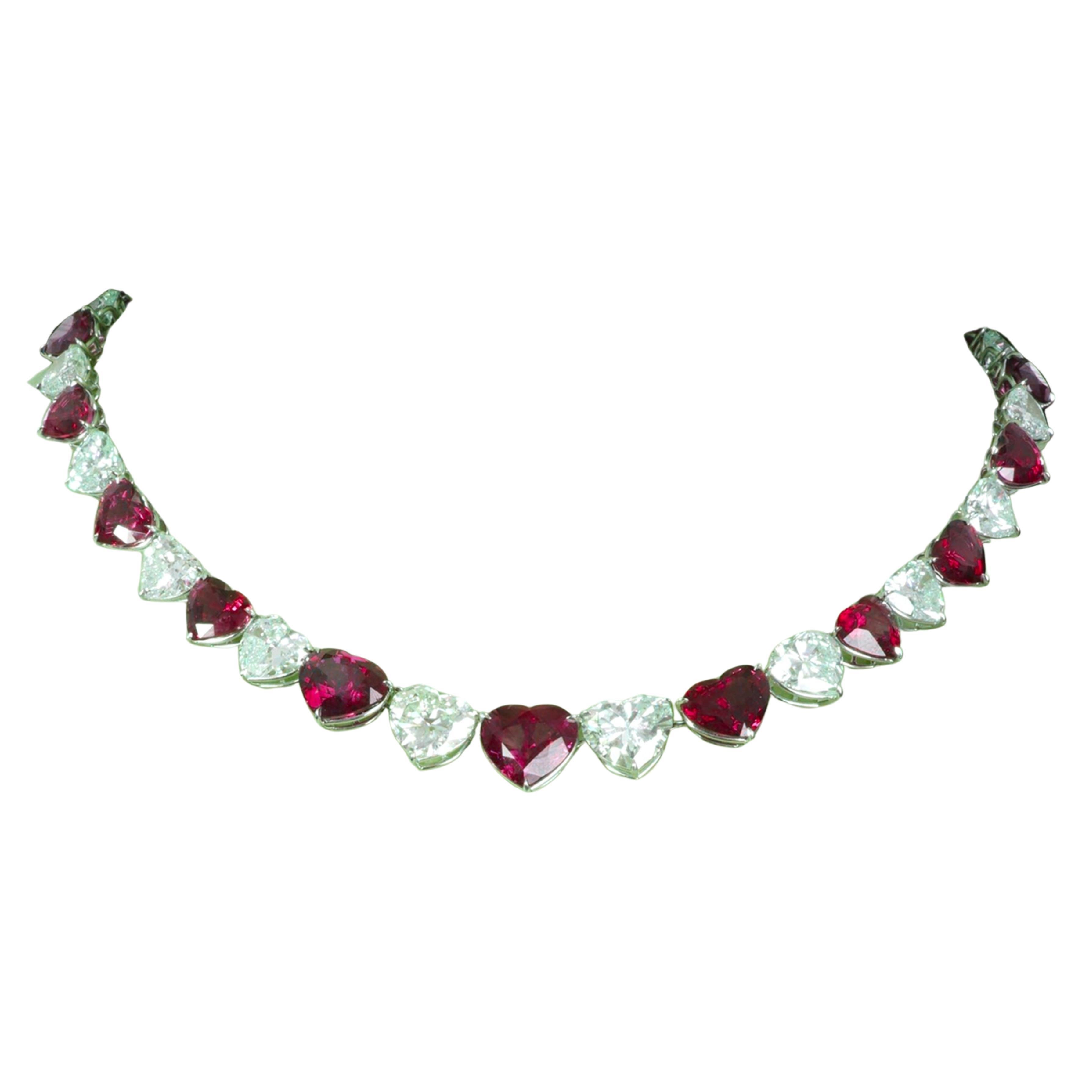 Contemporary Heart Shape Rubies Diamond Platinum Necklace For Sale