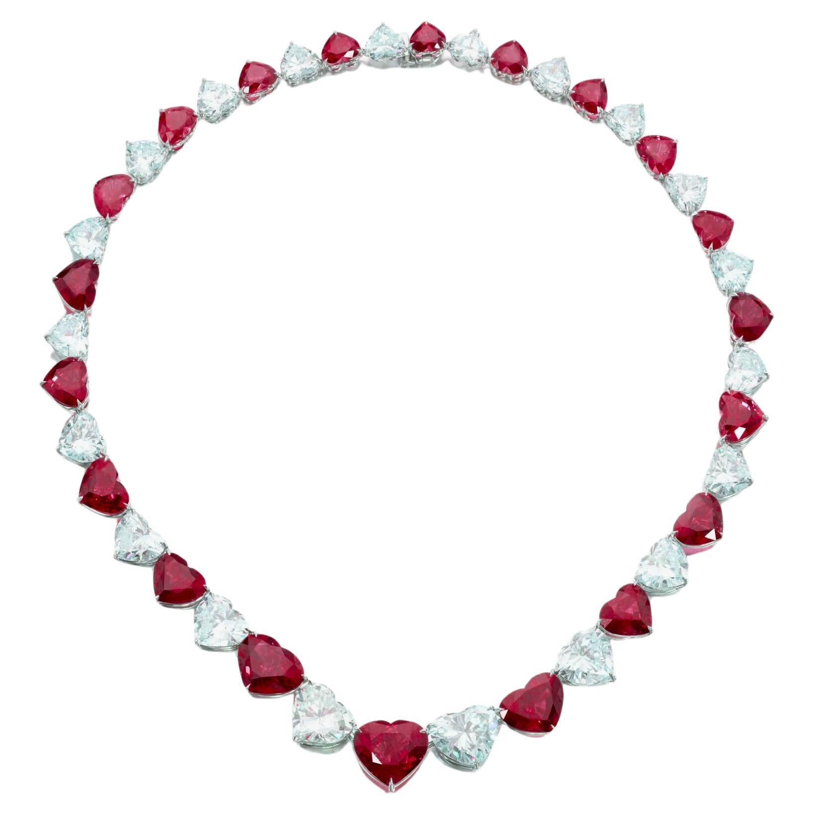 Heart Cut Heart Shape Rubies Diamond Platinum Necklace For Sale