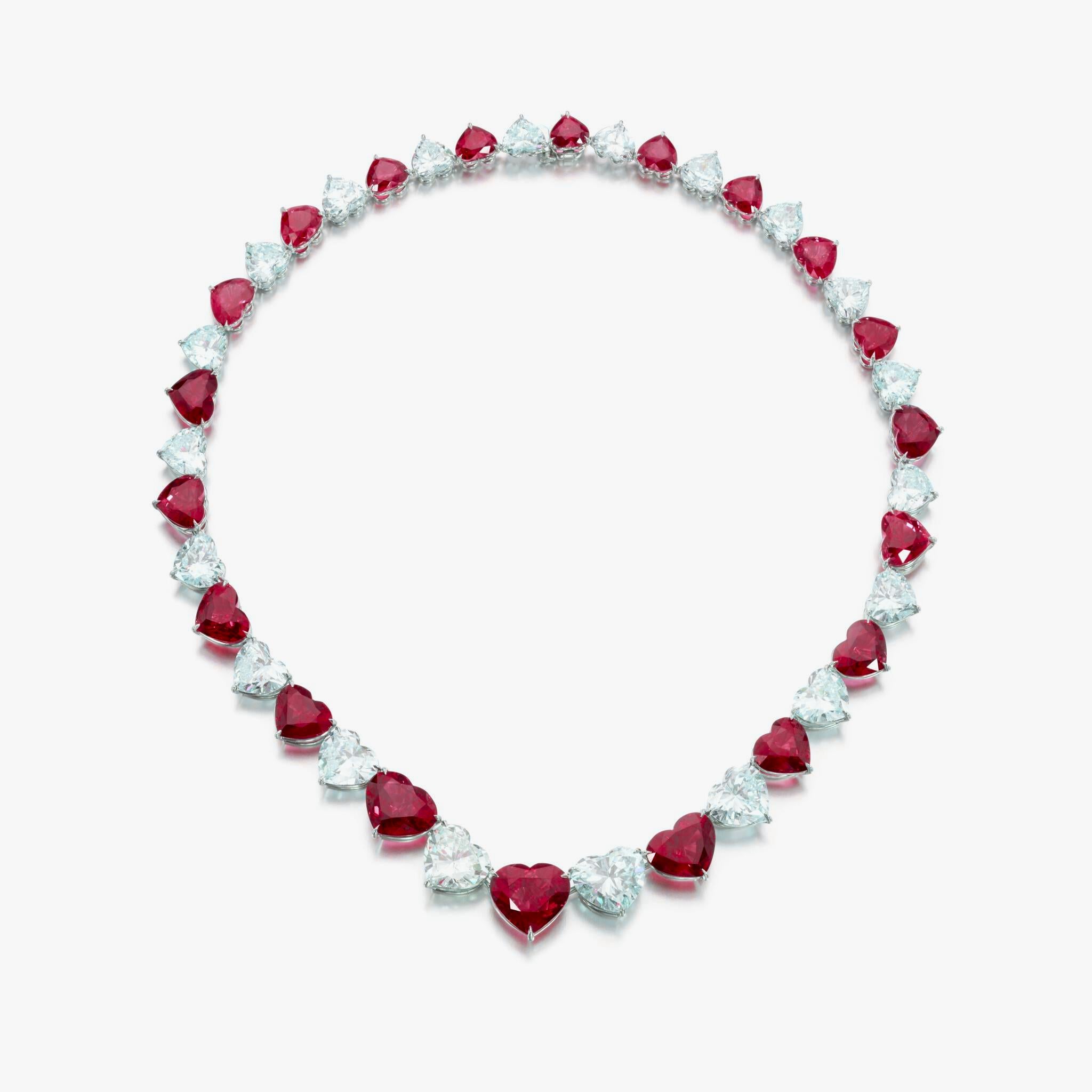 Heart Shape Rubies Diamond Platinum Necklace In New Condition For Sale In Chicago, IL