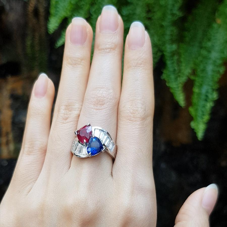 Burmese Ruby 3.01 carats, Blue Sapphire 2.21 carats from Madagasgar with Baguette Diamond 1.25 carats Ring set in Platinum 950 Settings
(GIA Certified - Both Stones)

Width: 1.0 cm
Length: 1.5 cm 
Ring Size: 53

