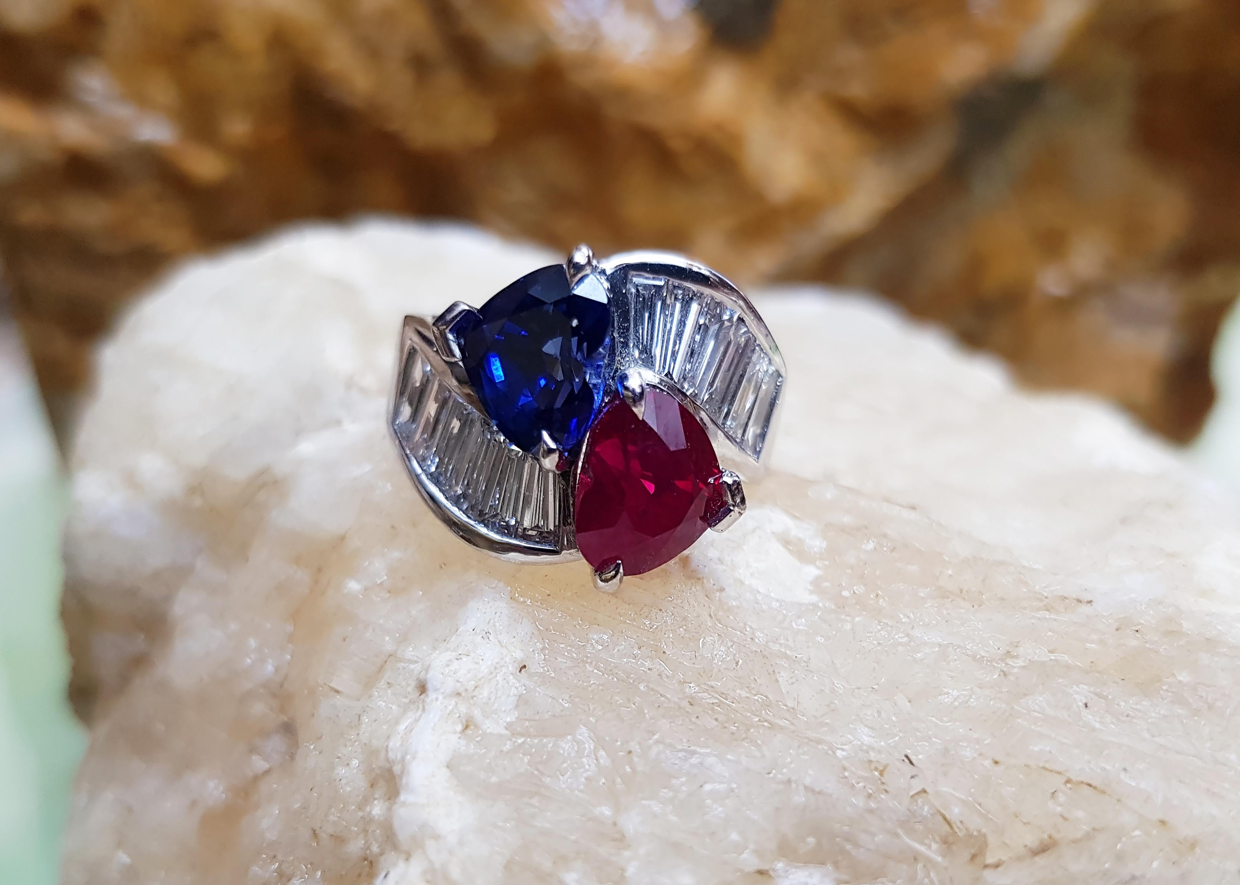 Contemporary GIA Certified Heart Shape Burmese Ruby, Sapphire with Diamond Ring in Platinum  For Sale