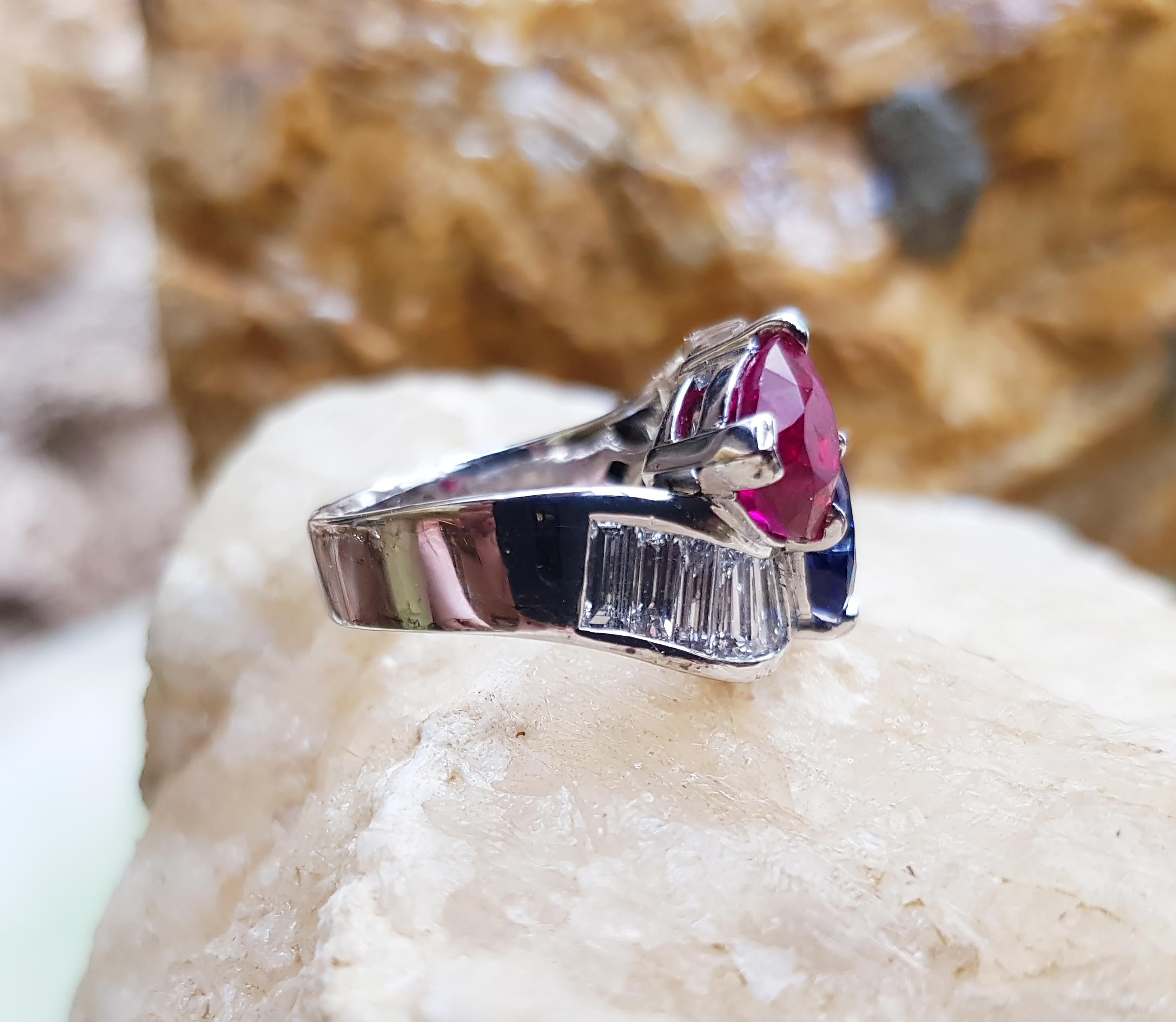 Heart Cut GIA Certified Heart Shape Burmese Ruby, Sapphire with Diamond Ring in Platinum For Sale