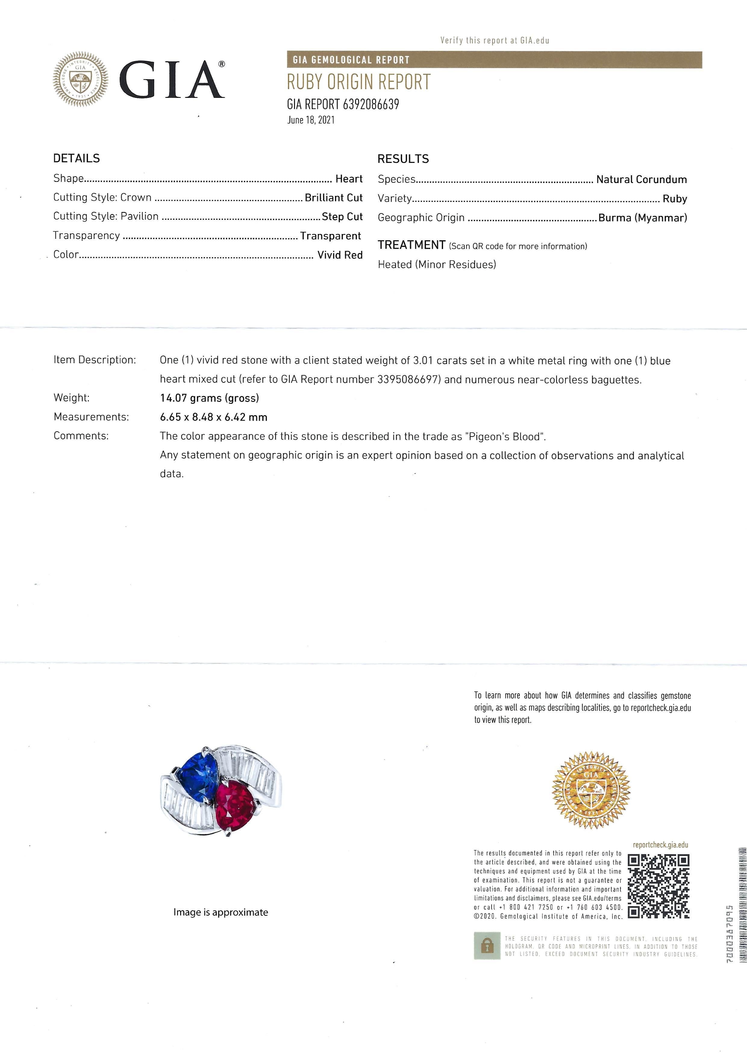 GIA Certified Heart Shape Burmese Ruby, Sapphire with Diamond Ring in Platinum For Sale 1