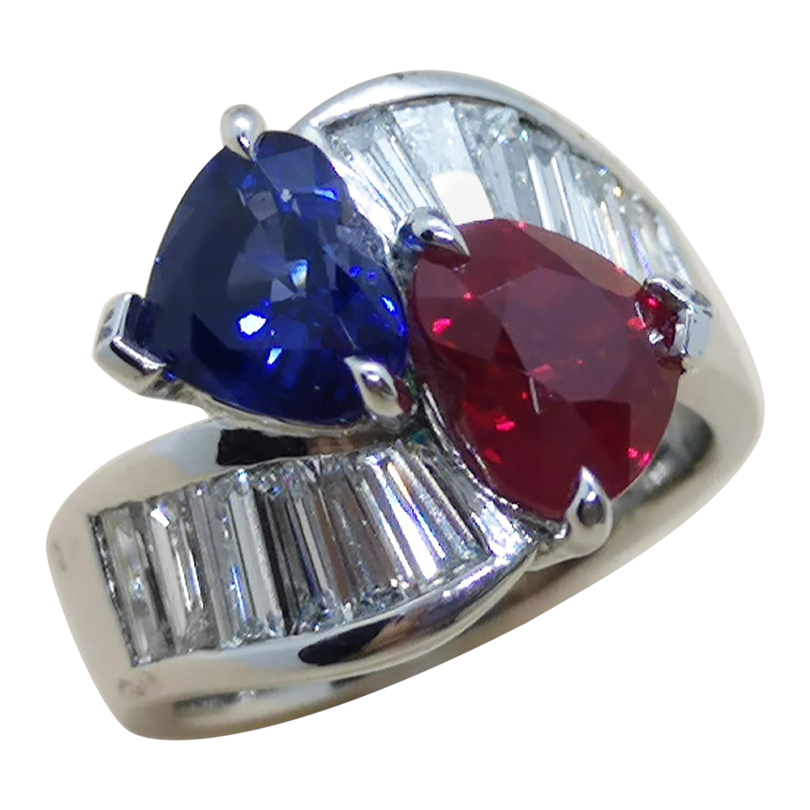 GIA Certified Heart Shape Burmese Ruby, Sapphire with Diamond Ring in Platinum  For Sale