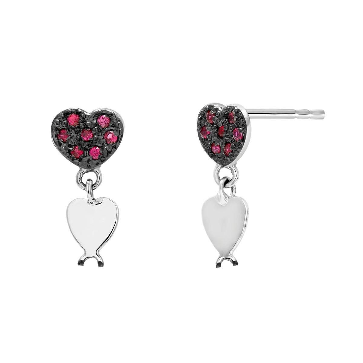 Contemporary Heart Shape Ruby Blackened White Gold Earrings with Heart Shape Dangles