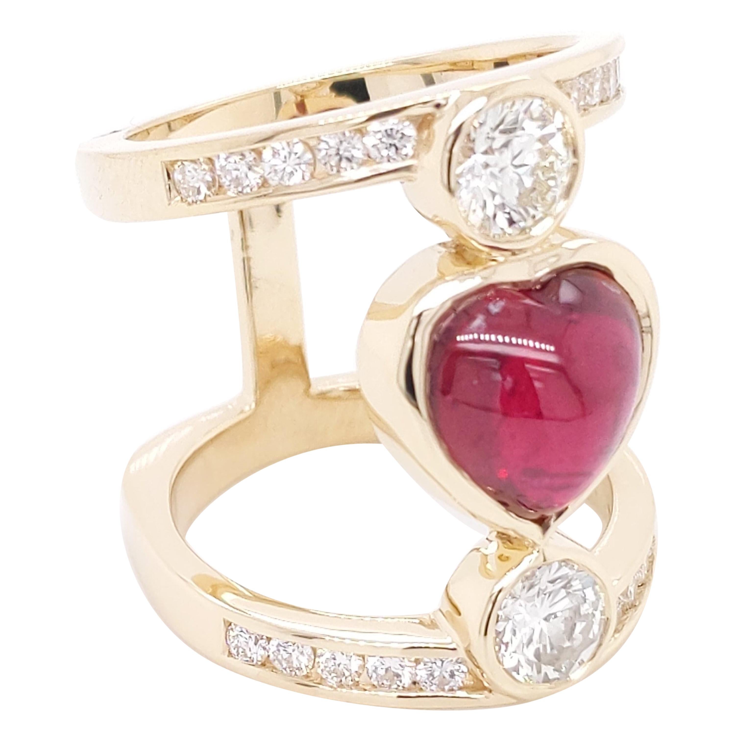 Heart Shape Ruby Cabochon and Ideal cut Diamond ring in 14 Karat Yellow Gold For Sale