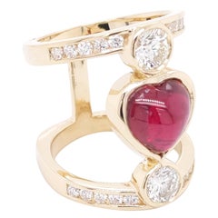 Heart Shape Ruby Cabochon and Ideal cut Diamond ring in 14 Karat Yellow Gold