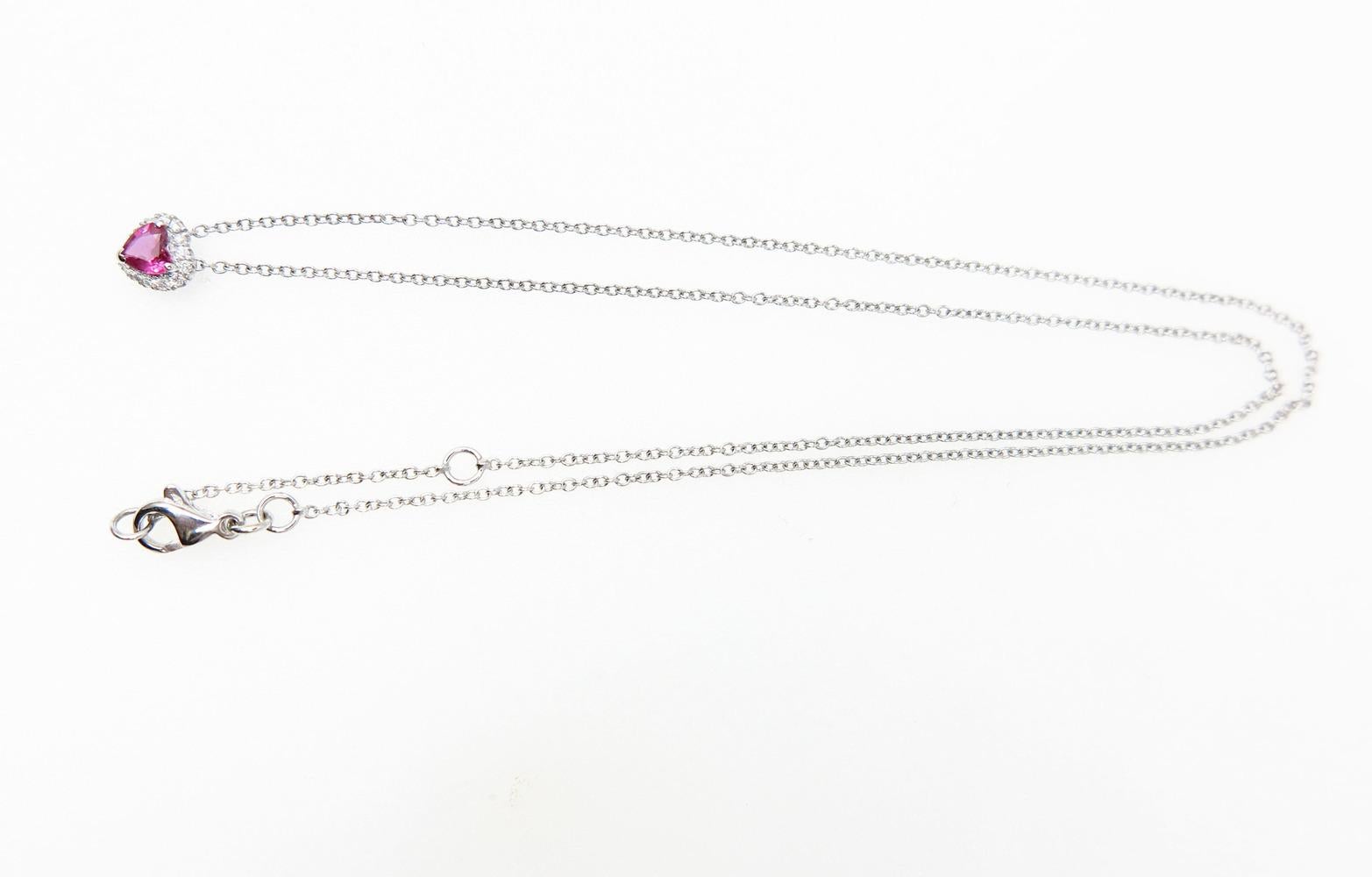 Modern Heart Shape Ruby Diamond 18 Karat White Gold Necklace For Sale