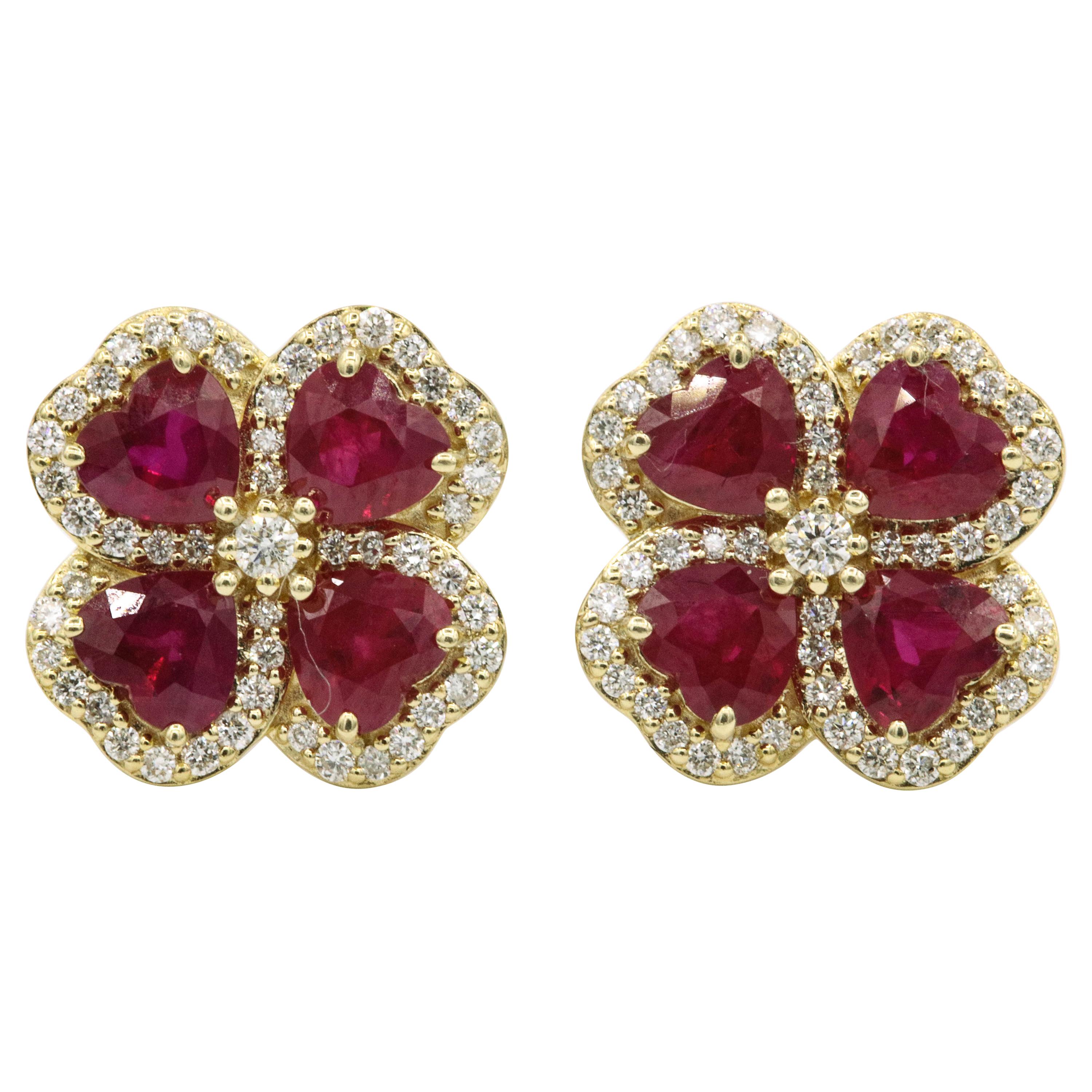 Heart Shape Ruby Diamond Clover Earrings 2.51 Carat