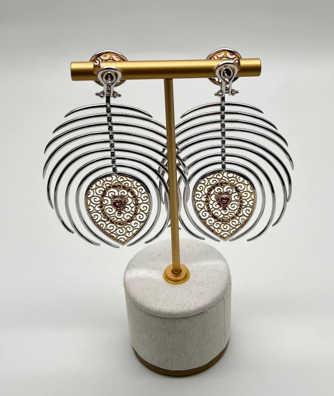 Modern Heart Shape Ruby Diamond Halo Eastern Symbol Statement 18K White Gold Earrings For Sale