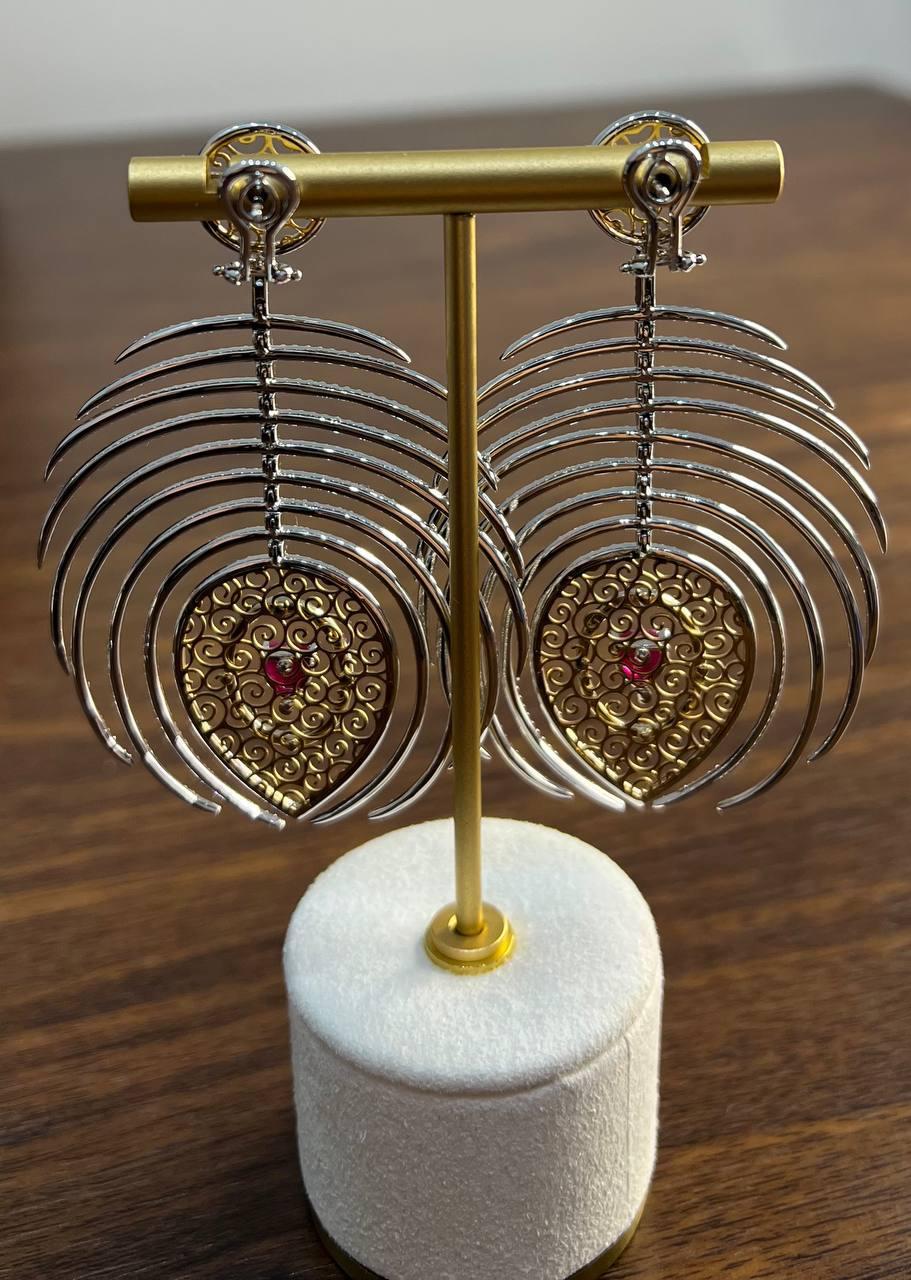 Heart Shape Ruby Diamond Halo Eastern Symbol Statement 18K White Gold Earrings For Sale 1