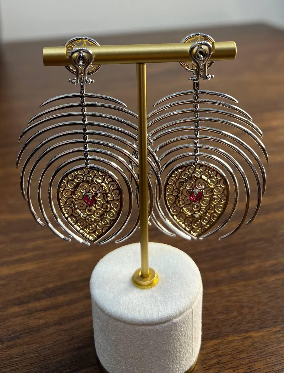 Heart Shape Ruby Diamond Halo Eastern Symbol Statement 18K White Gold Earrings For Sale 2