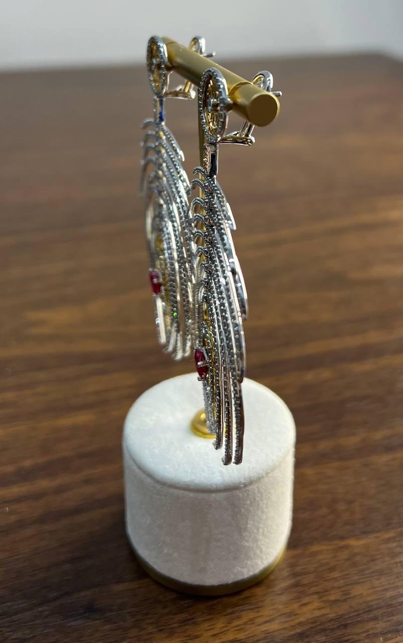 Heart Shape Ruby Diamond Halo Eastern Symbol Statement 18K White Gold Earrings For Sale 3