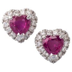 Heart Shape Ruby Diamond Stud Earrings 18 Karat White Gold