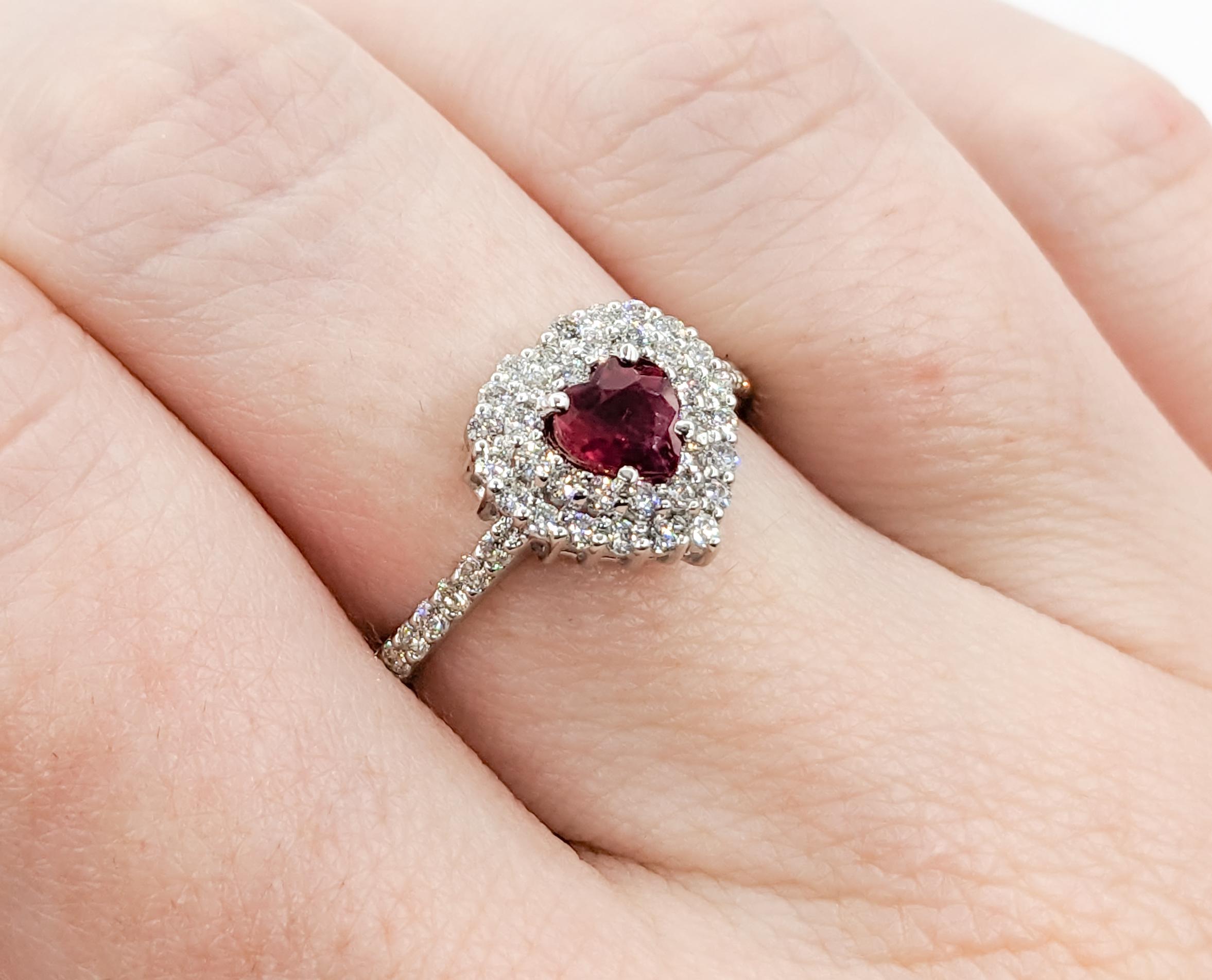 Contemporary Heart Shape Ruby & Diamond White Gold Ring For Sale