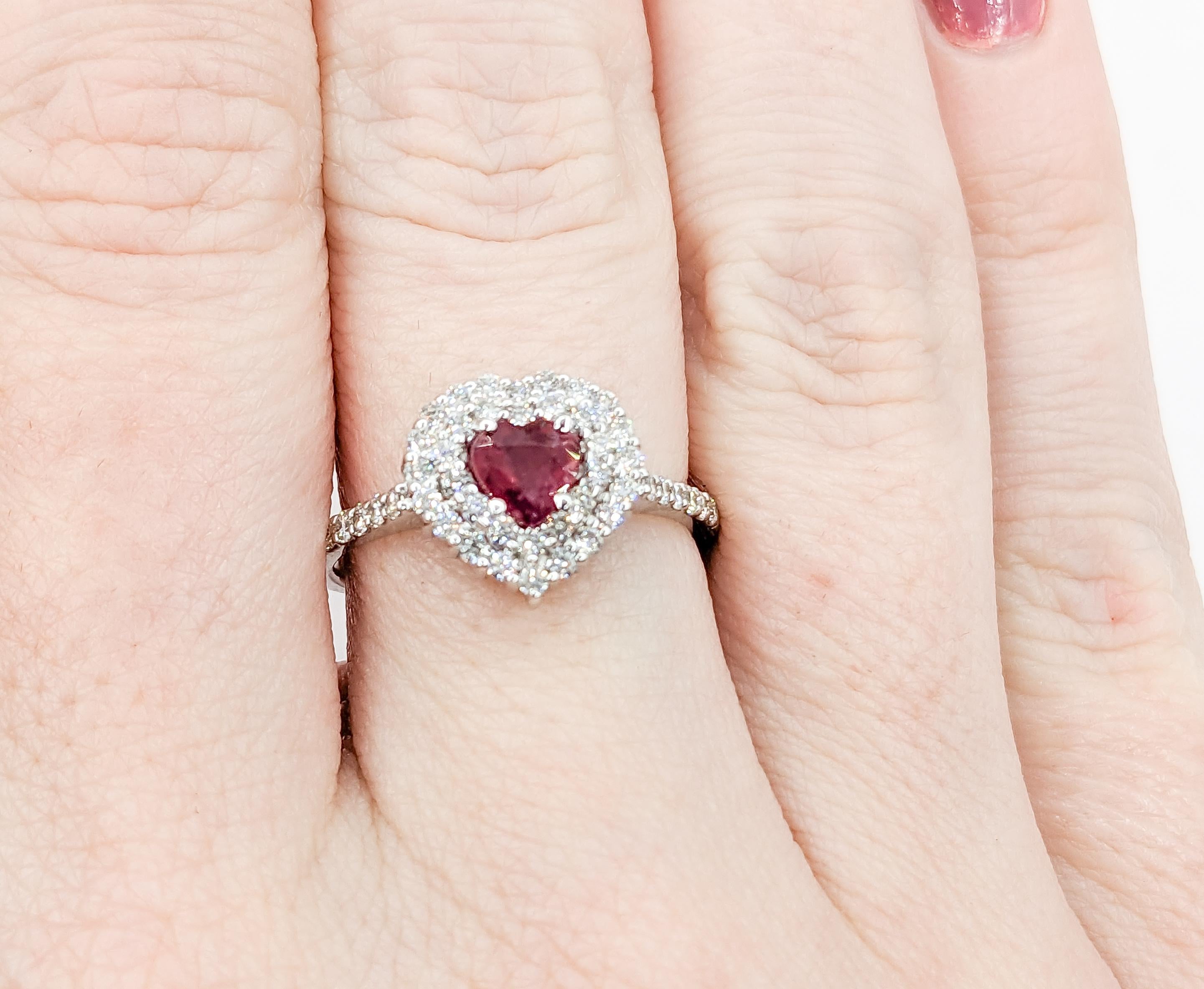 Heart Cut Heart Shape Ruby & Diamond White Gold Ring For Sale