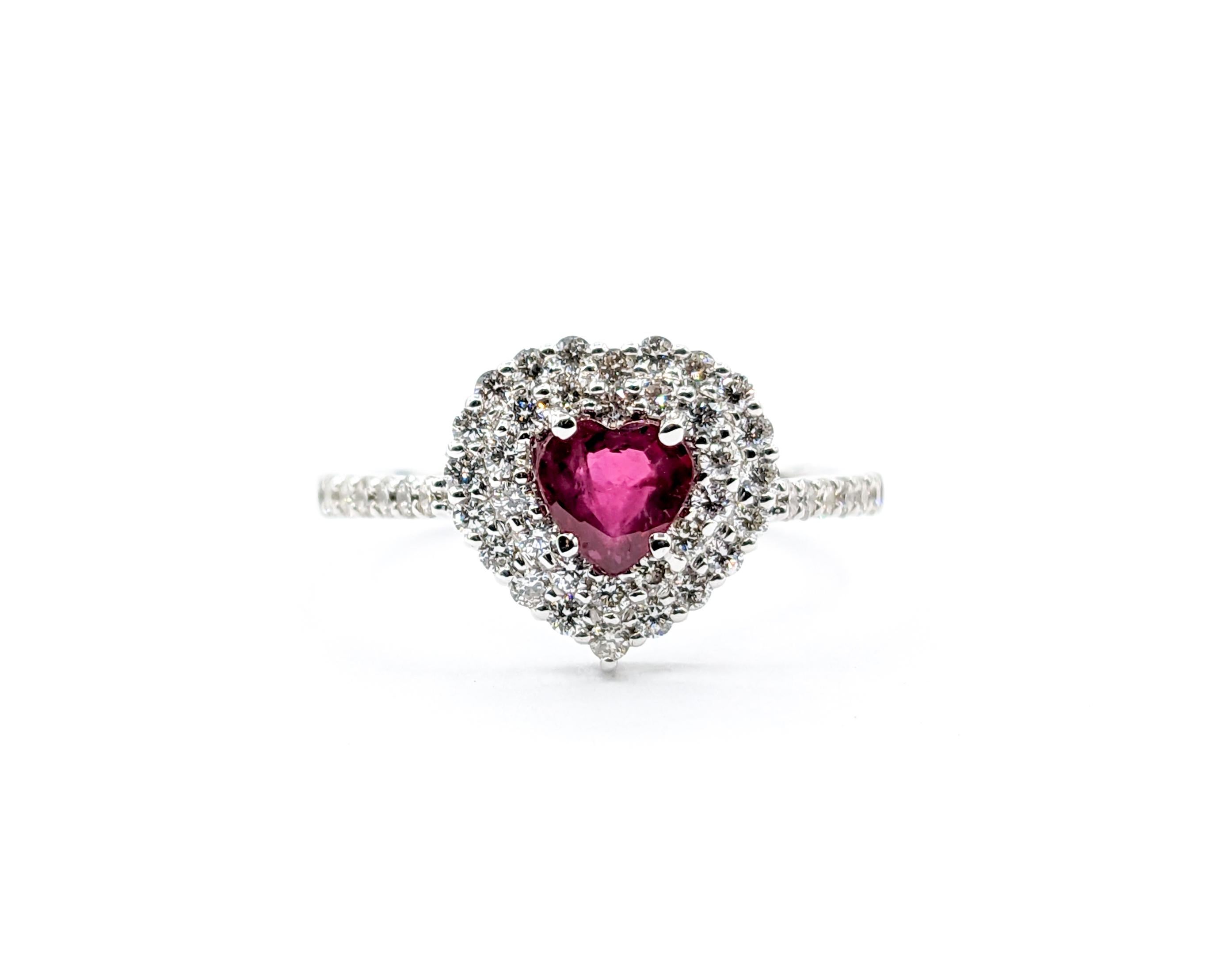 Heart Shape Ruby & Diamond White Gold Ring For Sale 2