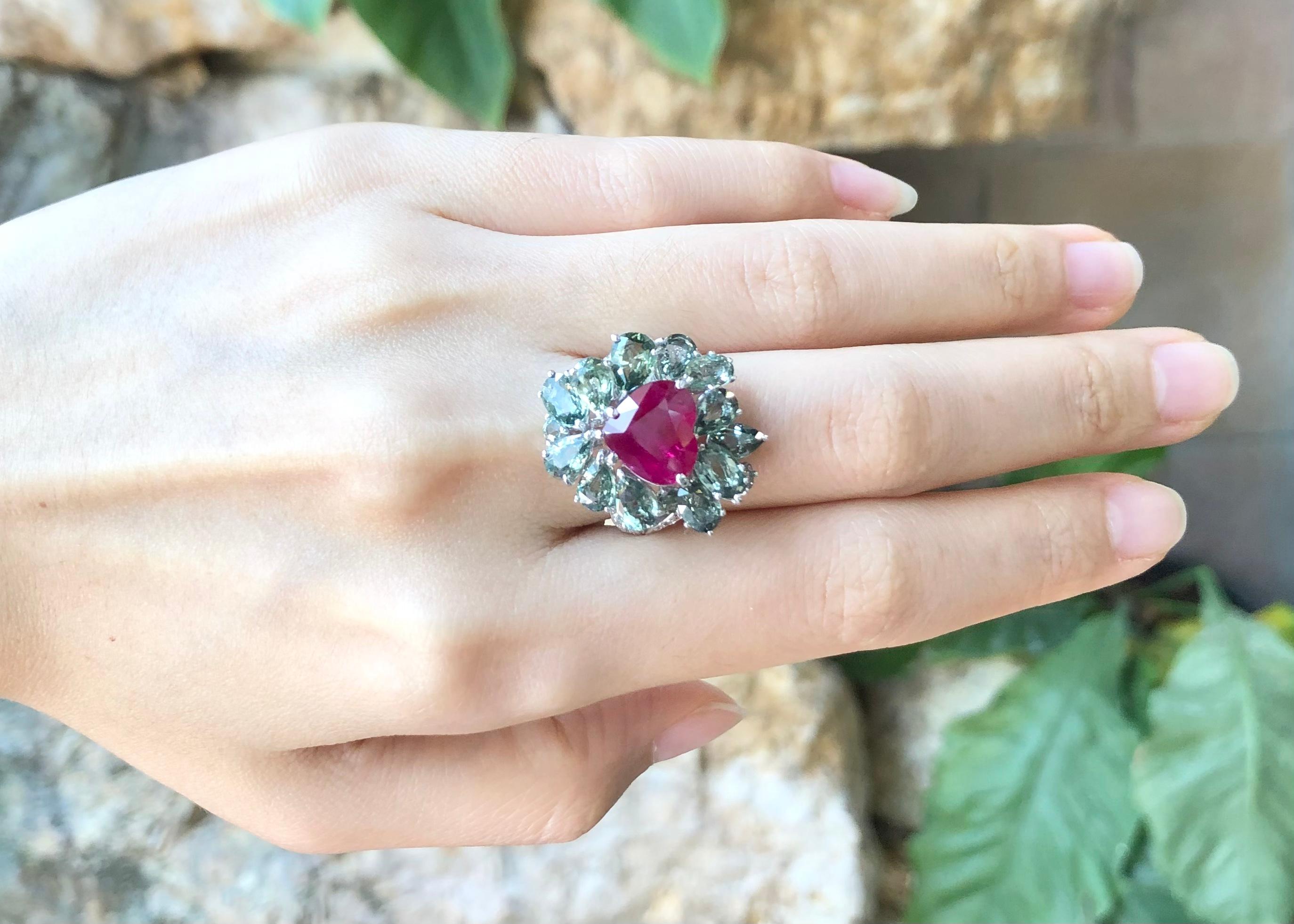 Ruby 4.35 carats, Green Sapphire 4.35 carats and Diamond 0.19 carat Ring set in 18 Karat White Gold Settings

Width:  2.0 cm 
Length: 2.4 cm
Ring Size: 51
Total Weight: 10.83grams



