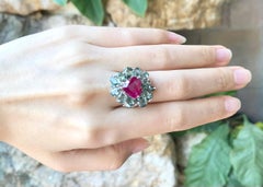 Heart Shape Ruby, Green Sapphire and Diamond Ring Set in 18 Karat White Gold