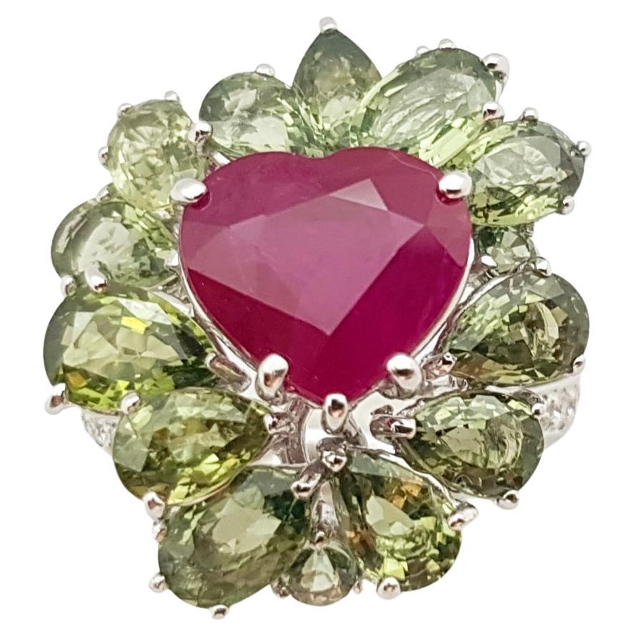 Heart Shape Ruby, Green Sapphire and Diamond Ring Set in 18 Karat White Gold For Sale