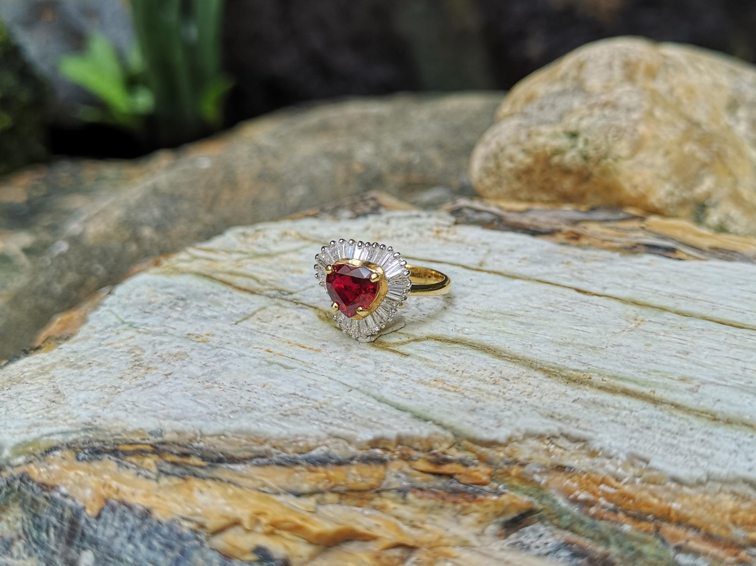 Women's Heart Shape Ruby with Baguette Diamond Ring Set in 18 Karat Gold Settings For Sale