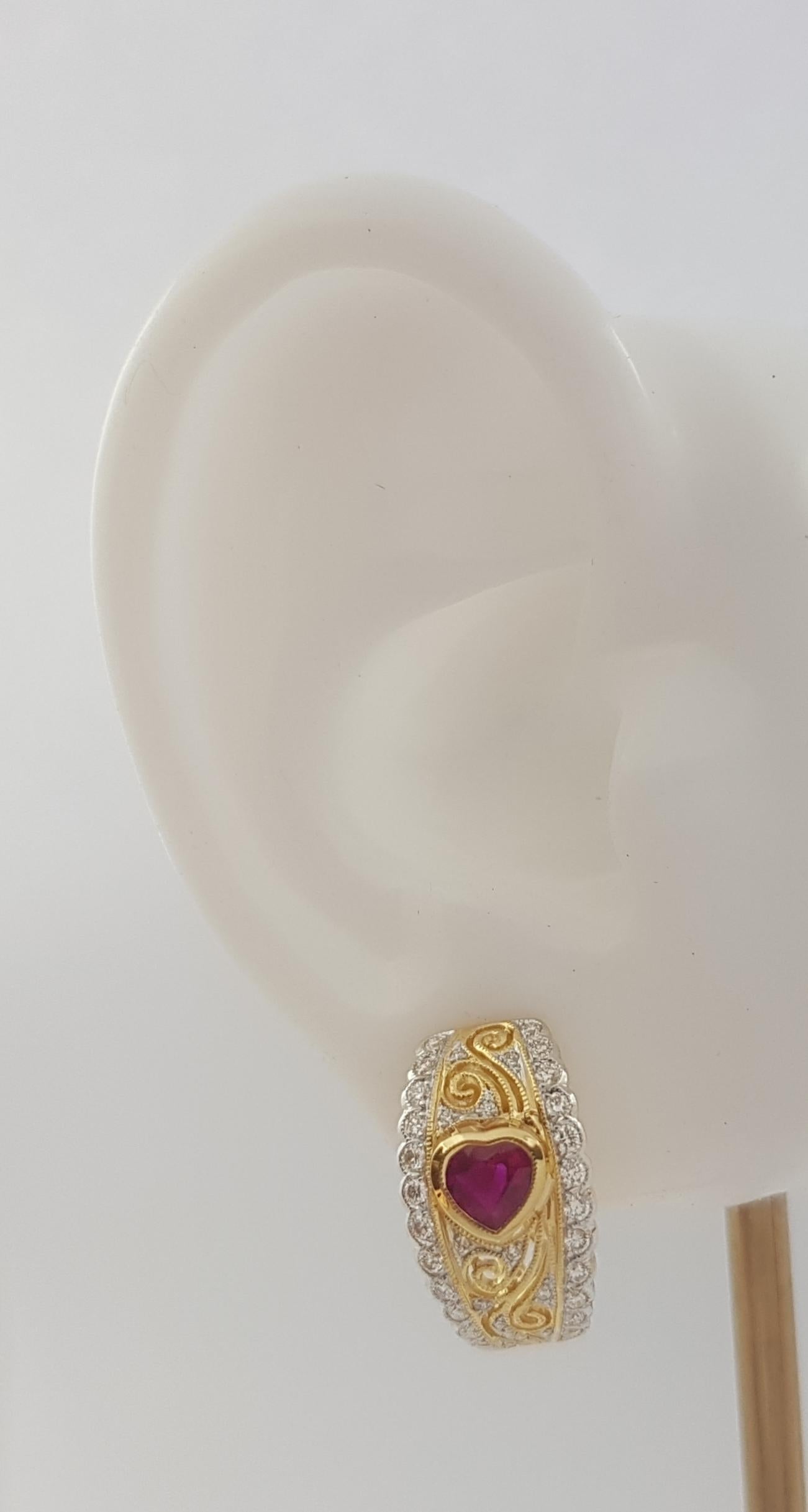 Art Deco Heart Shape Ruby with Diamond Earrings set in 18K Gold Settings For Sale