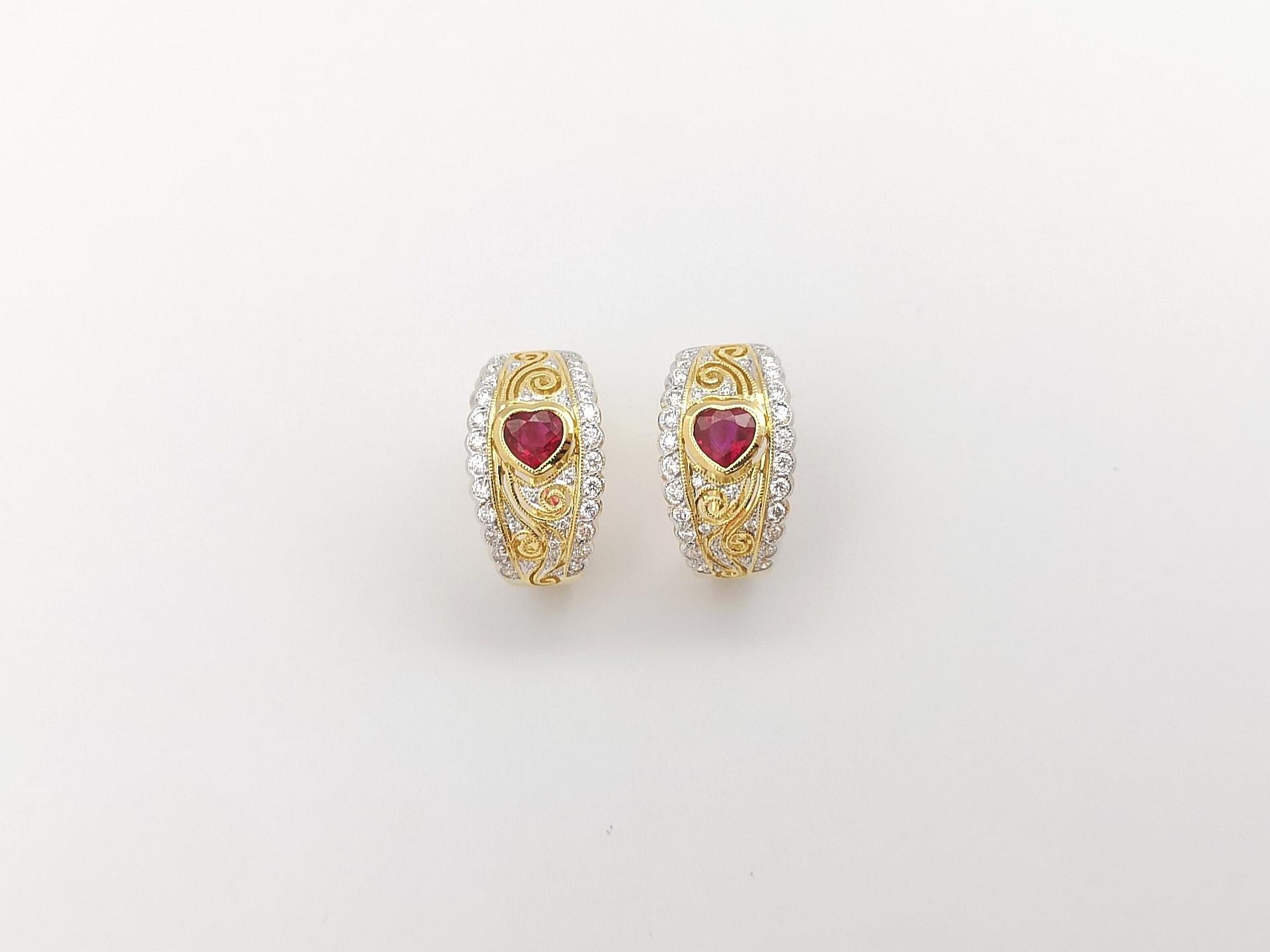Heart Cut Heart Shape Ruby with Diamond Earrings set in 18K Gold Settings For Sale