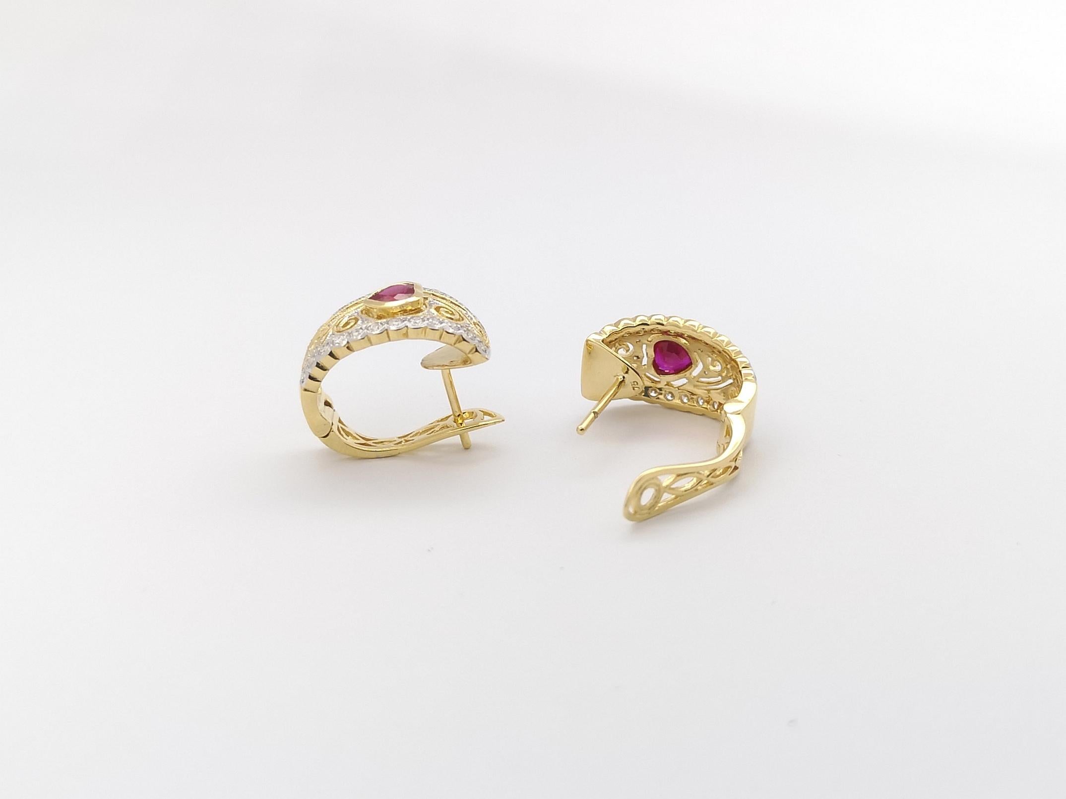 Women's Heart Shape Ruby with Diamond Earrings set in 18K Gold Settings For Sale