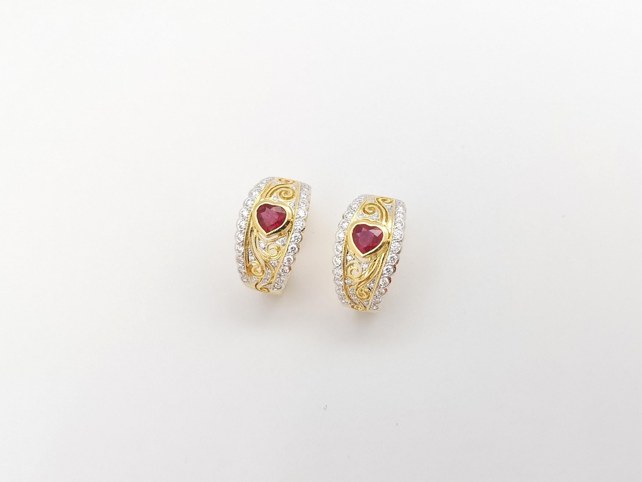 Heart Shape Ruby with Diamond Earrings set in 18K Gold Settings For Sale 1