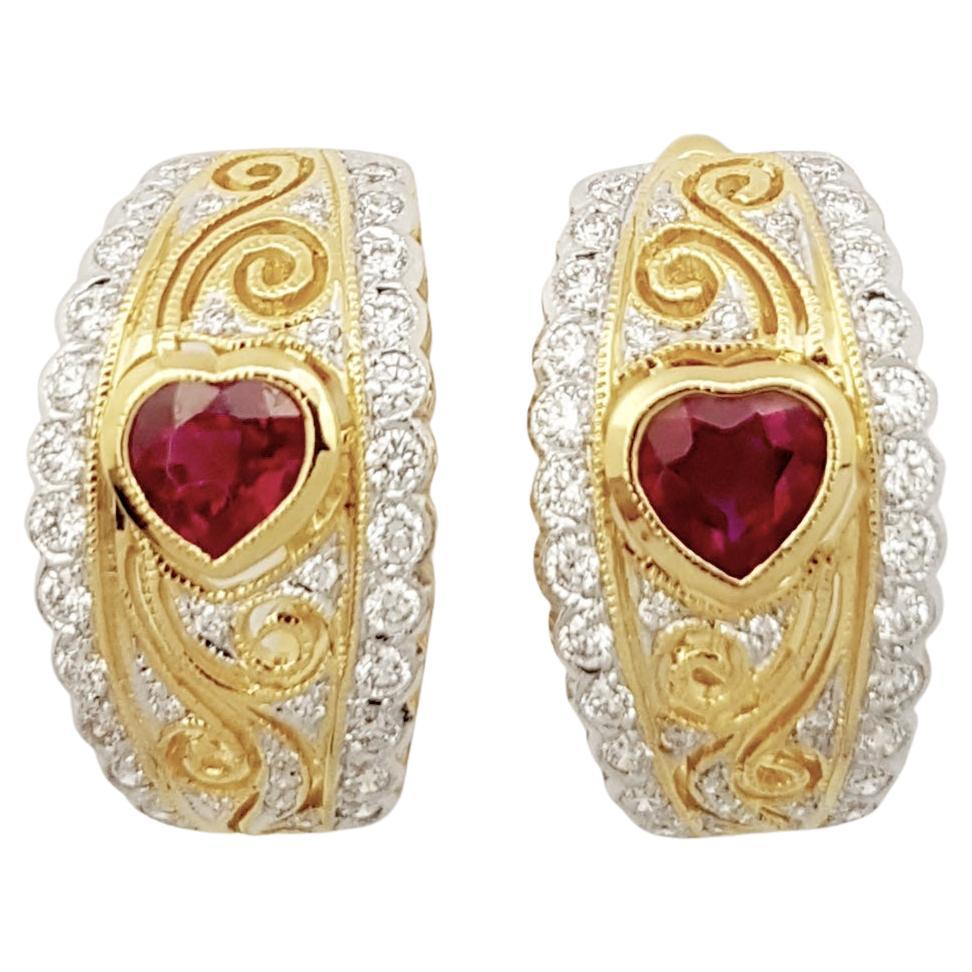 Heart Shape Ruby with Diamond Earrings set in 18K Gold Settings For Sale