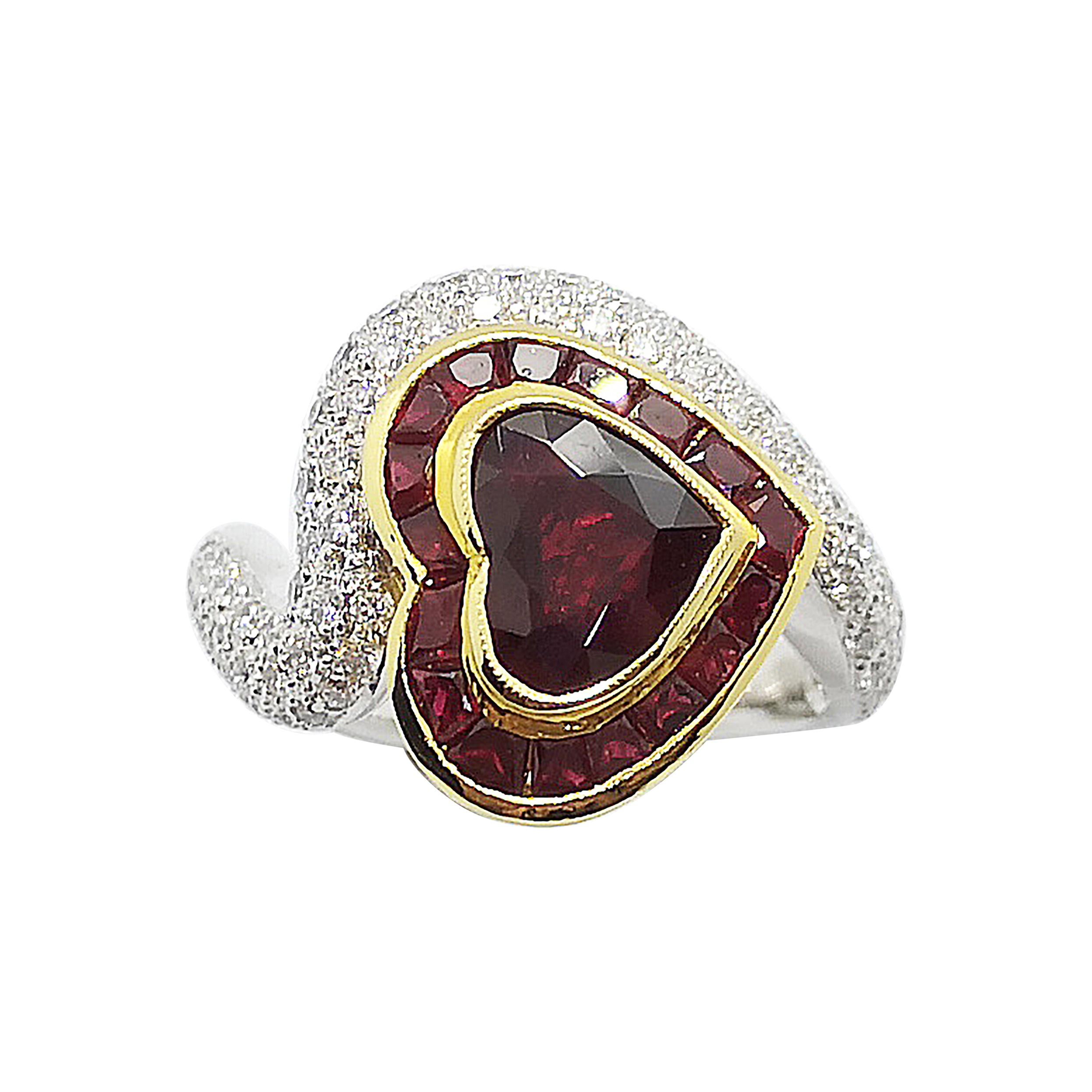 Heart Shape Ruby with Diamond Ring Set in 18 Karat White Gold Setting